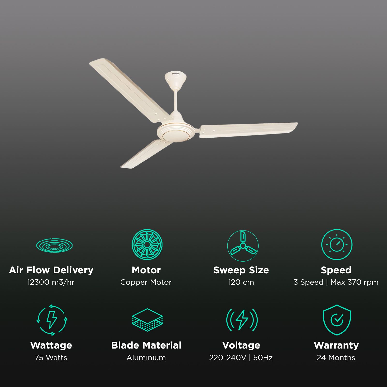 Crompton Surebreeze Hill Briz 1 Star 1200mm 3 Blade Copper Motor Ceiling Fan (High Velocity, Ivory)_3