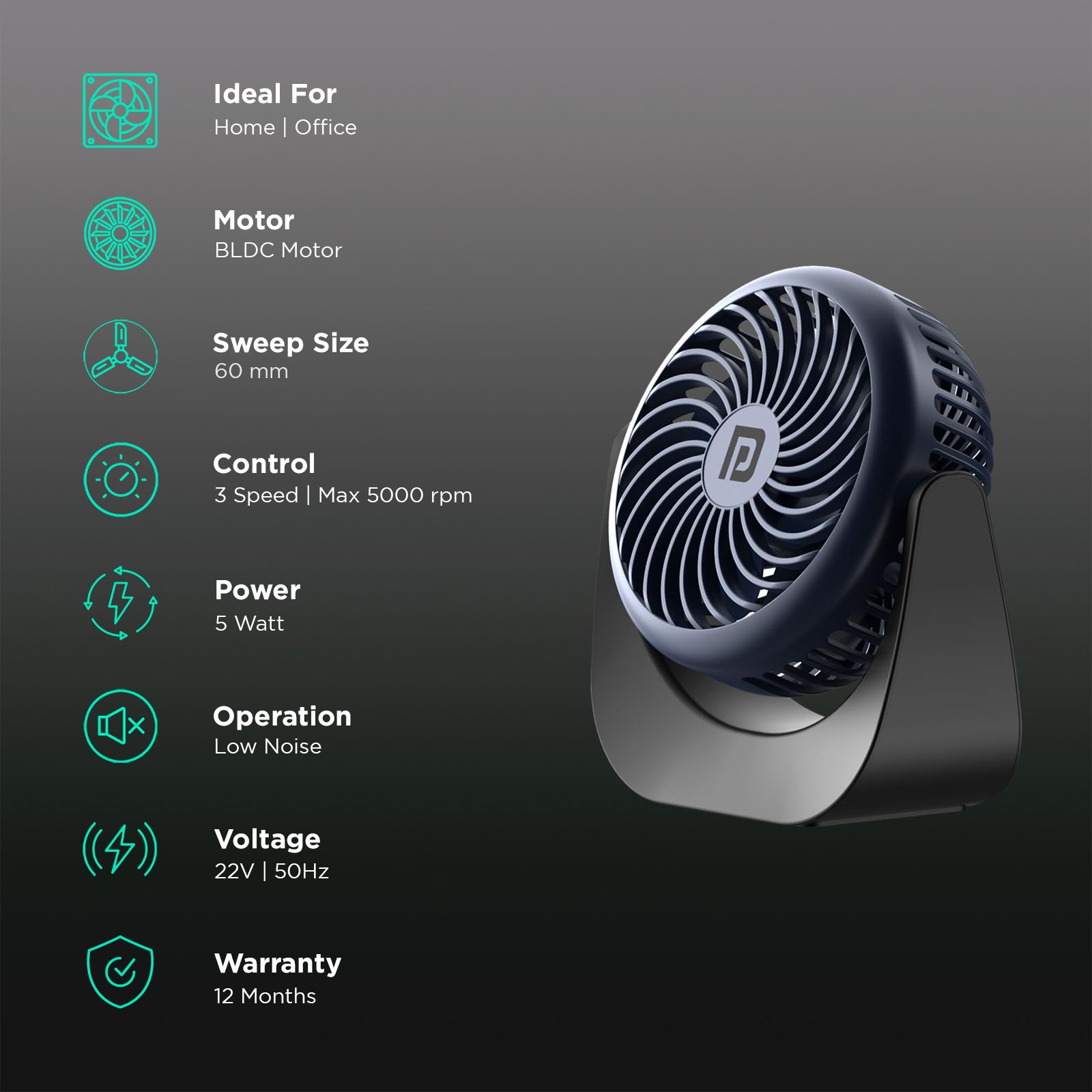 PORTRONICS Toofan 60mm 3 Blade BLDC Motor Mini Rechargeable Fan with 2000 mAh Battery (Low Noise Desk Fan, Blue)_3