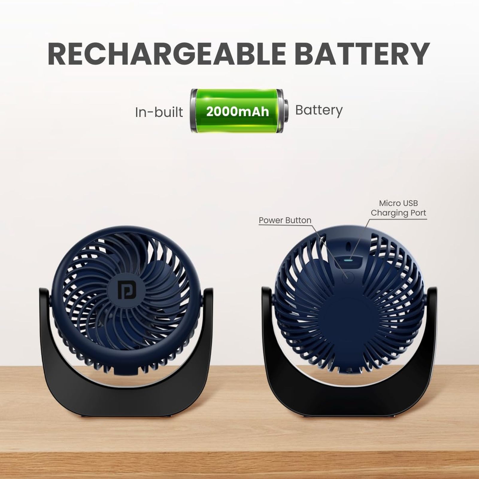 PORTRONICS Toofan 60mm 3 Blade BLDC Motor Mini Rechargeable Fan with 2000 mAh Battery (Low Noise Desk Fan, Blue)_4