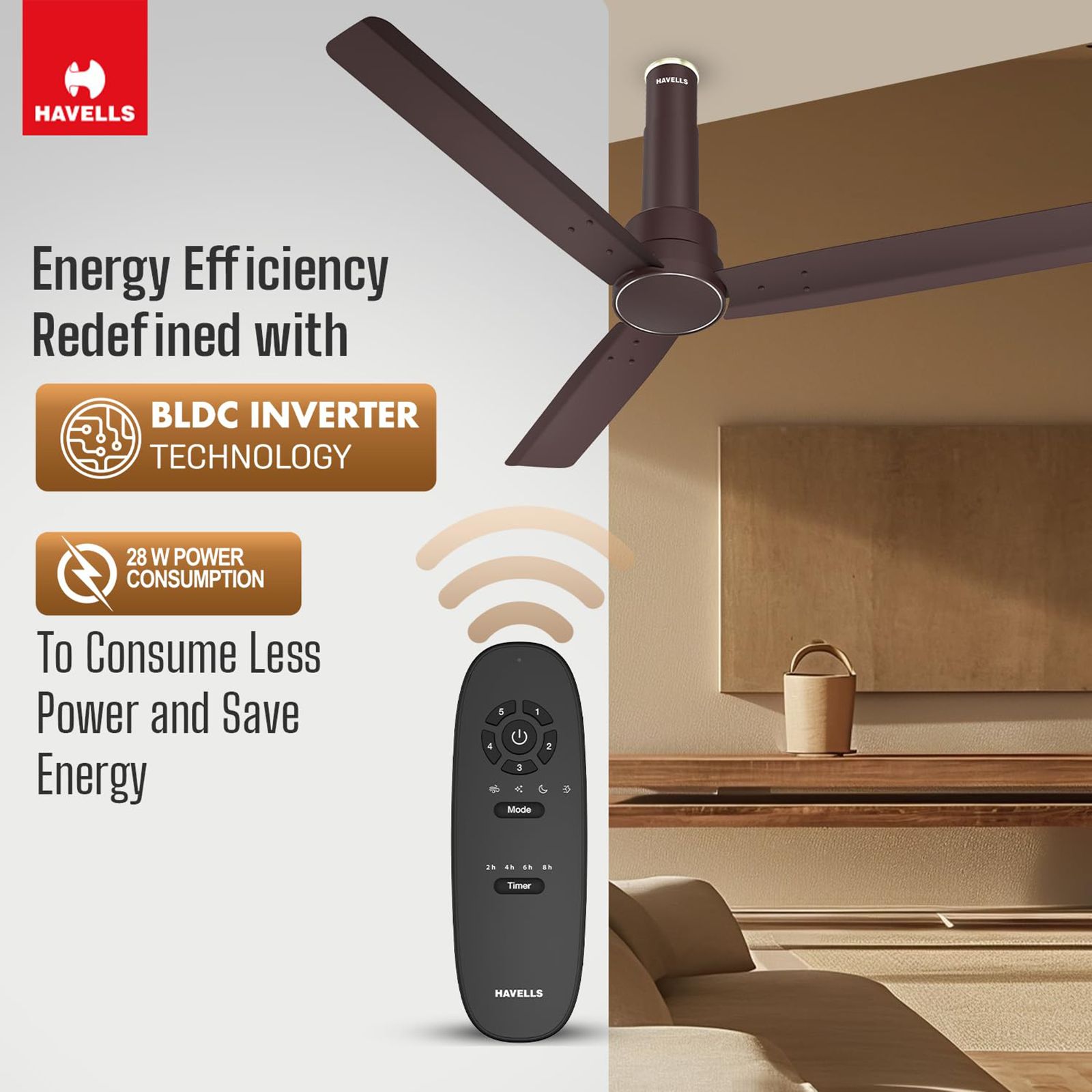 HAVELLS Elio 5 Star 1200mm 3 Blade BLDC Motor Ceiling Fan with Remote (Wood Finished Blades, Brown)_15