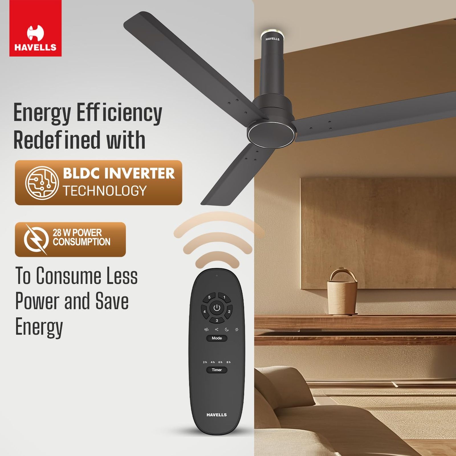 HAVELLS Elio 5 Star 1200mm 3 Blade BLDC Motor Ceiling Fan with Remote (Wood Finished Blades, Smoke Brown)_8