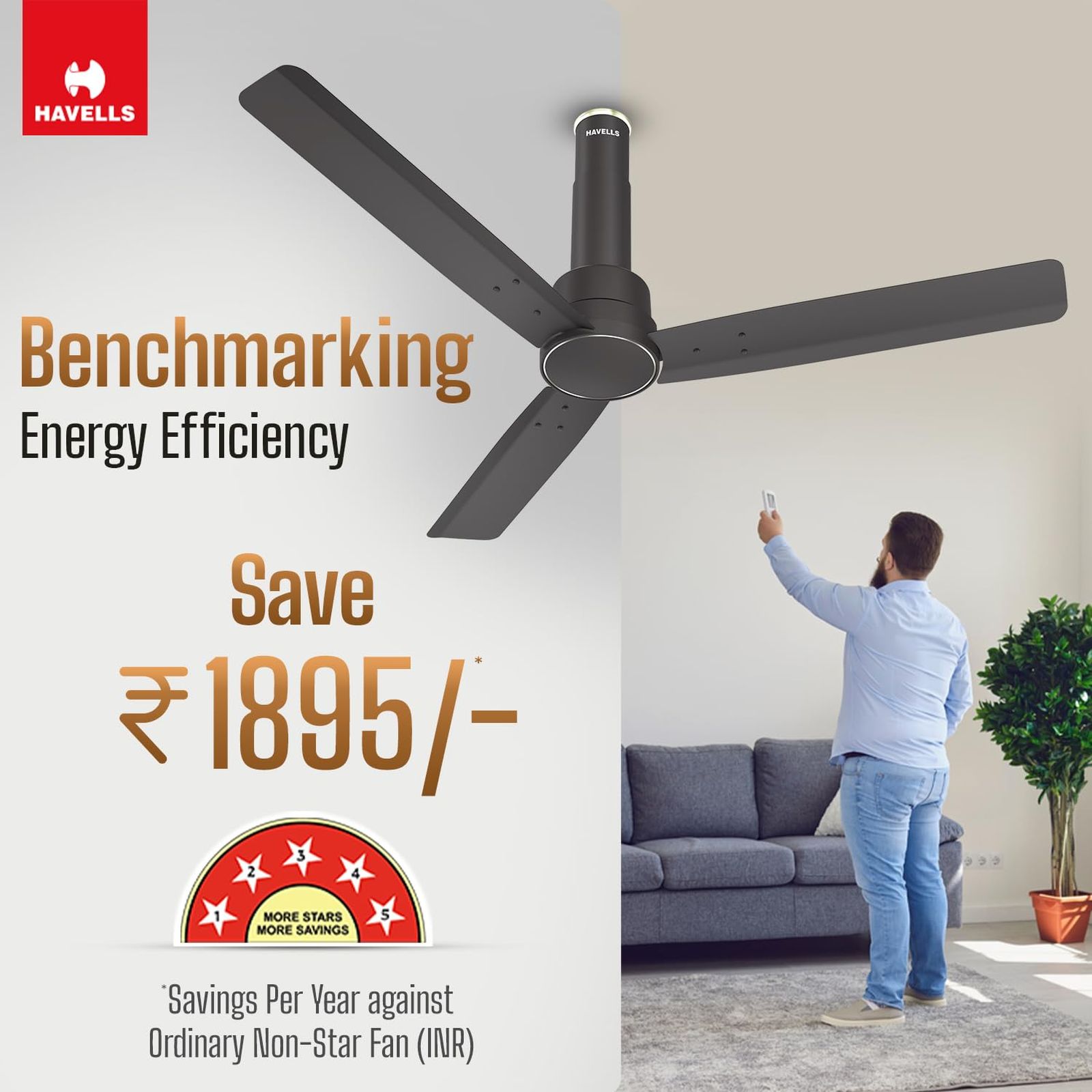 HAVELLS Elio 5 Star 1200mm 3 Blade BLDC Motor Ceiling Fan with Remote (Wood Finished Blades, Smoke Brown)_9