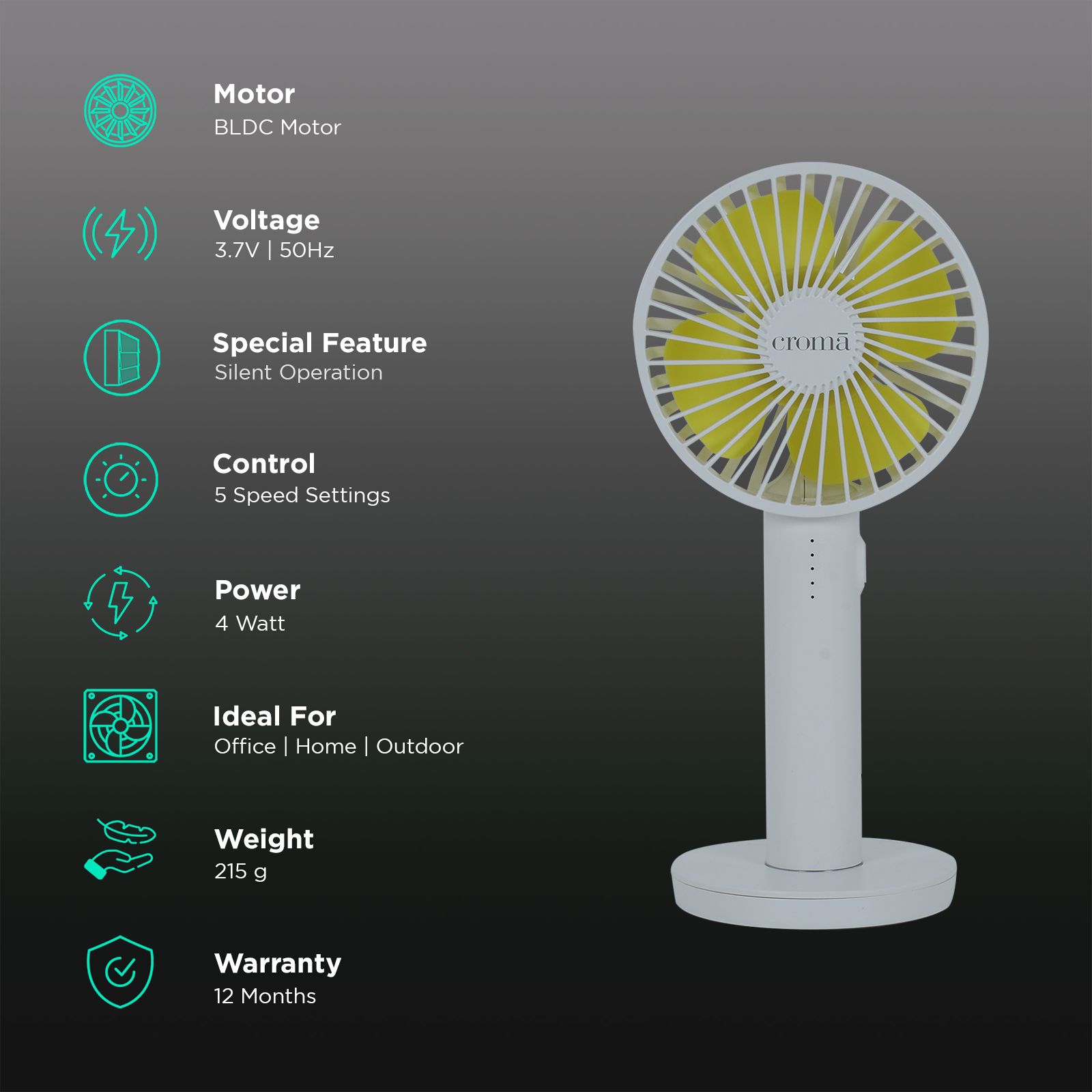 Croma 4 Blade Rechargeable Personal Fan with 2000 mAh Battery (BLDC Copper Motor, White) Croma 4 Blade Rechargeable Personal Fan with 2000 mAh Battery (BLDC Copper Motor, White)_3
