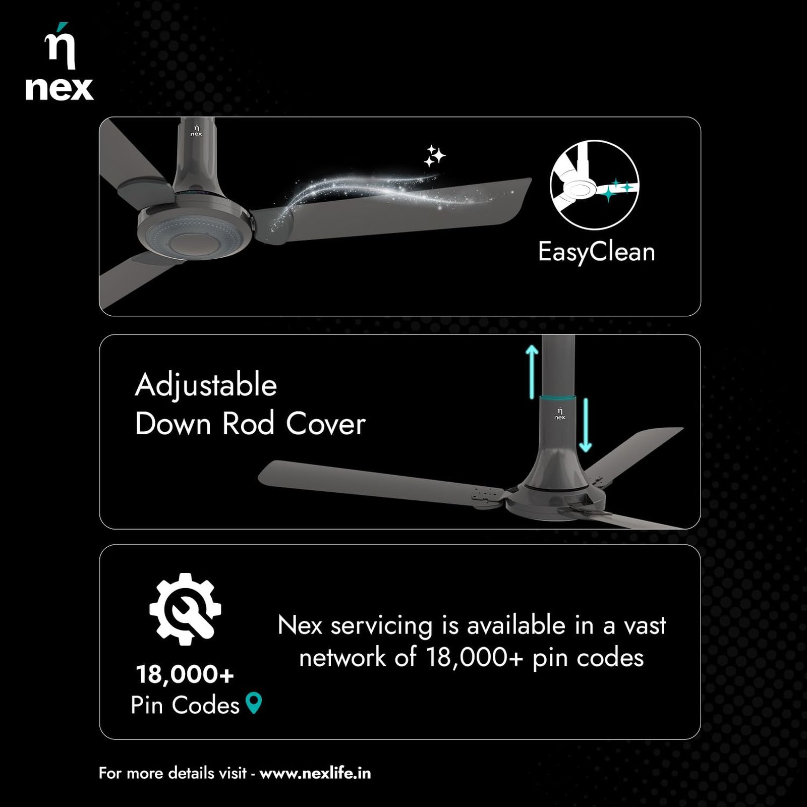 nex Glyde A40 2 Star 1200mm 3 Blade PeakTorq Motor Ceiling Fan with Remote (Dust Resistant, Granite Grey)_8