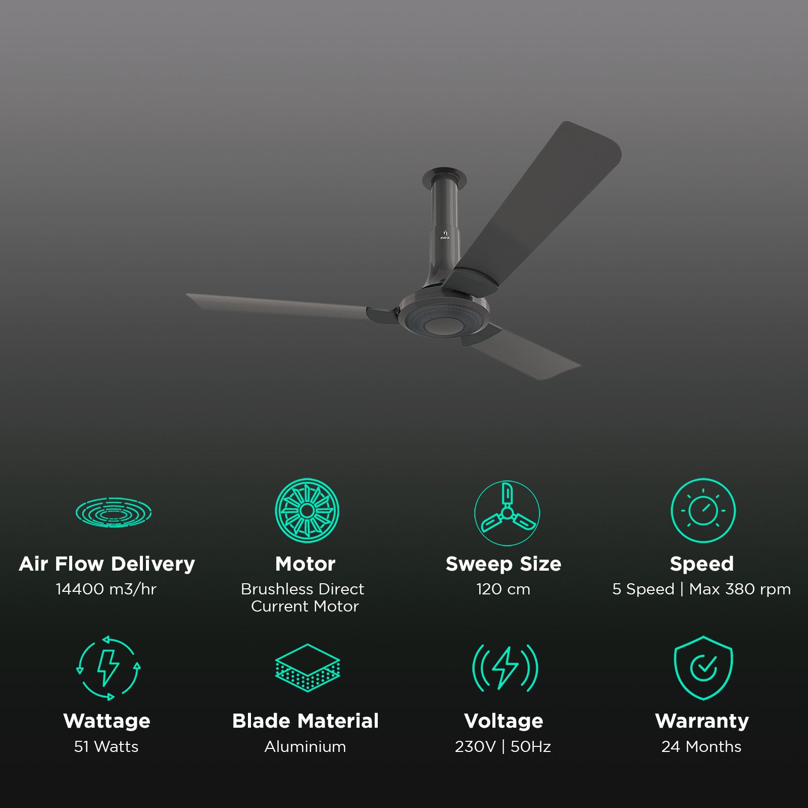 nex Glyde A40 2 Star 1200mm 3 Blade PeakTorq Motor Ceiling Fan with Remote (Dust Resistant, Granite Grey)_3