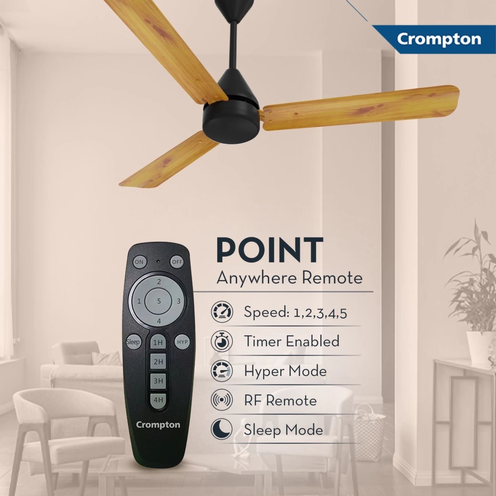 Crompton Hyperjet Plus 5 Star 1200mm 3 Blade BLDC Motor Ceiling Fan with Remote (Hyper Mode, Light Pinewood) Crompton Hyperjet Plus 5 Star 1200mm 3 Blade BLDC Motor Ceiling Fan with Remote (Hyper Mode, Light Pinewood)_5