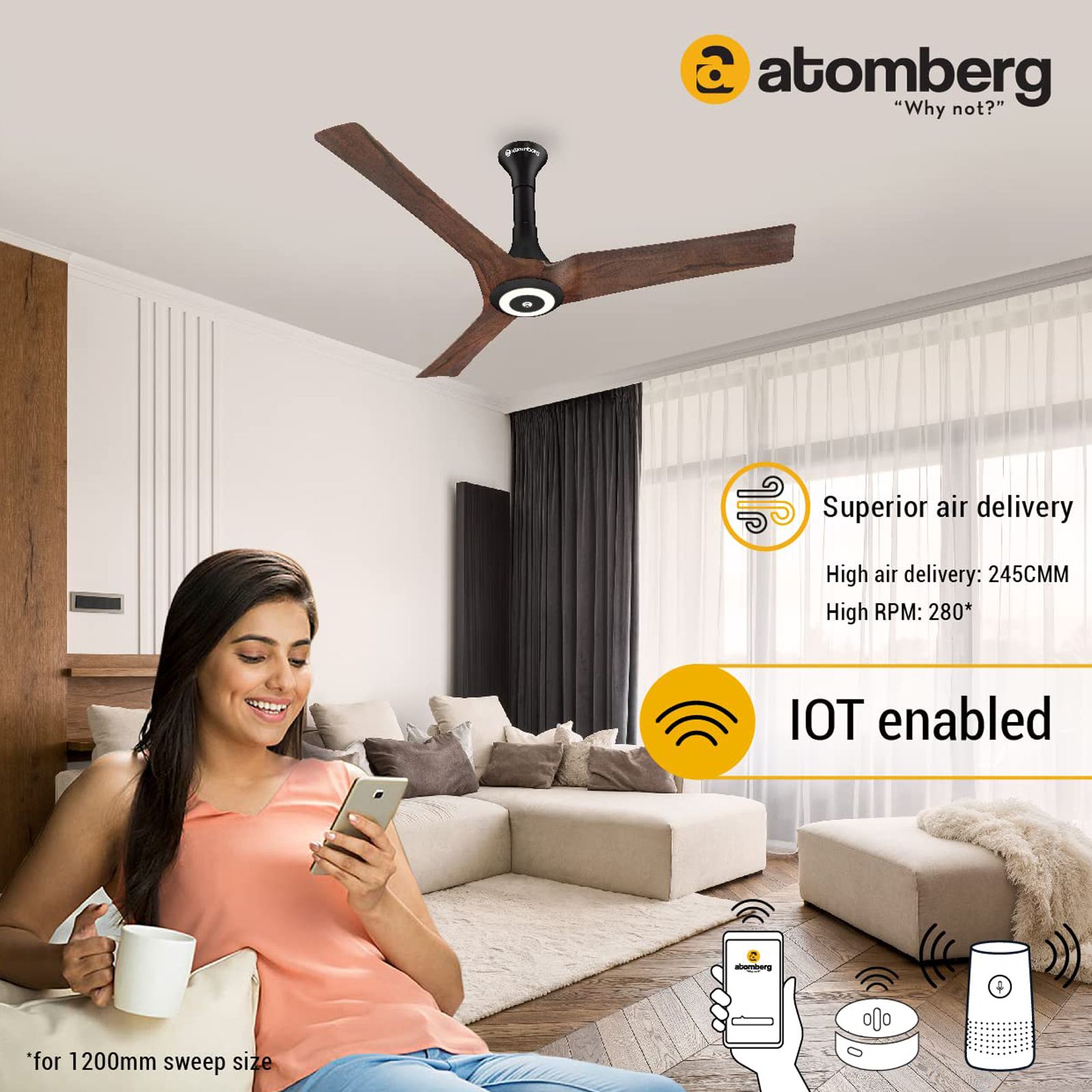 atomberg Aris 5 Star 1200mm 3 Blade BLDC Motor Smart Ceiling Fan with Remote (Voice Assistance, Dark Teakwood)_9