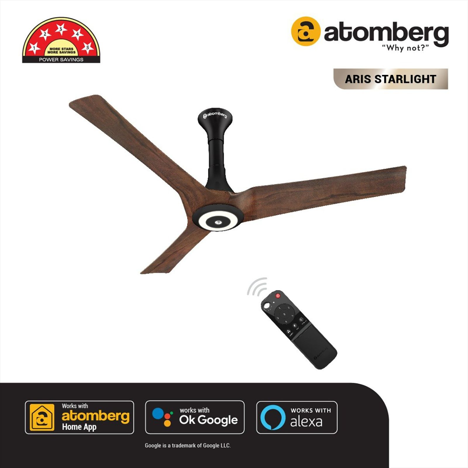 atomberg Aris 5 Star 1200mm 3 Blade BLDC Motor Smart Ceiling Fan with Remote (Voice Assistance, Dark Teakwood)_10