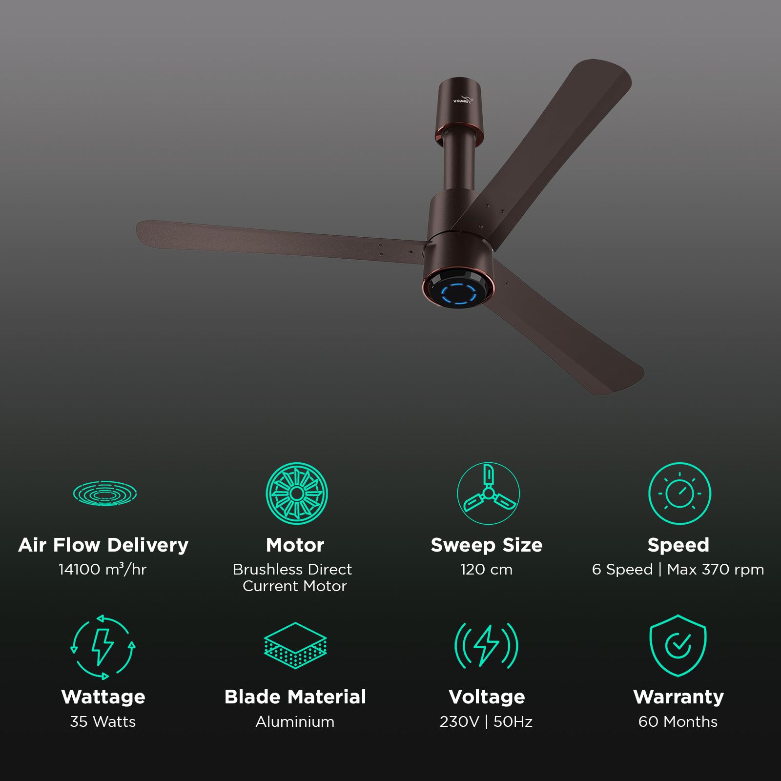 V-GUARD Insight-G 5 Star 1200mm 3 Blade BLDC Motor Ceiling Fan with Remote (UI LED Lights, Elegance Brown Matte) V-GUARD Insight-G 5 Star 1200mm 3 Blade BLDC Motor Ceiling Fan with Remote (UI LED Lights, Elegance Brown Matte)_3