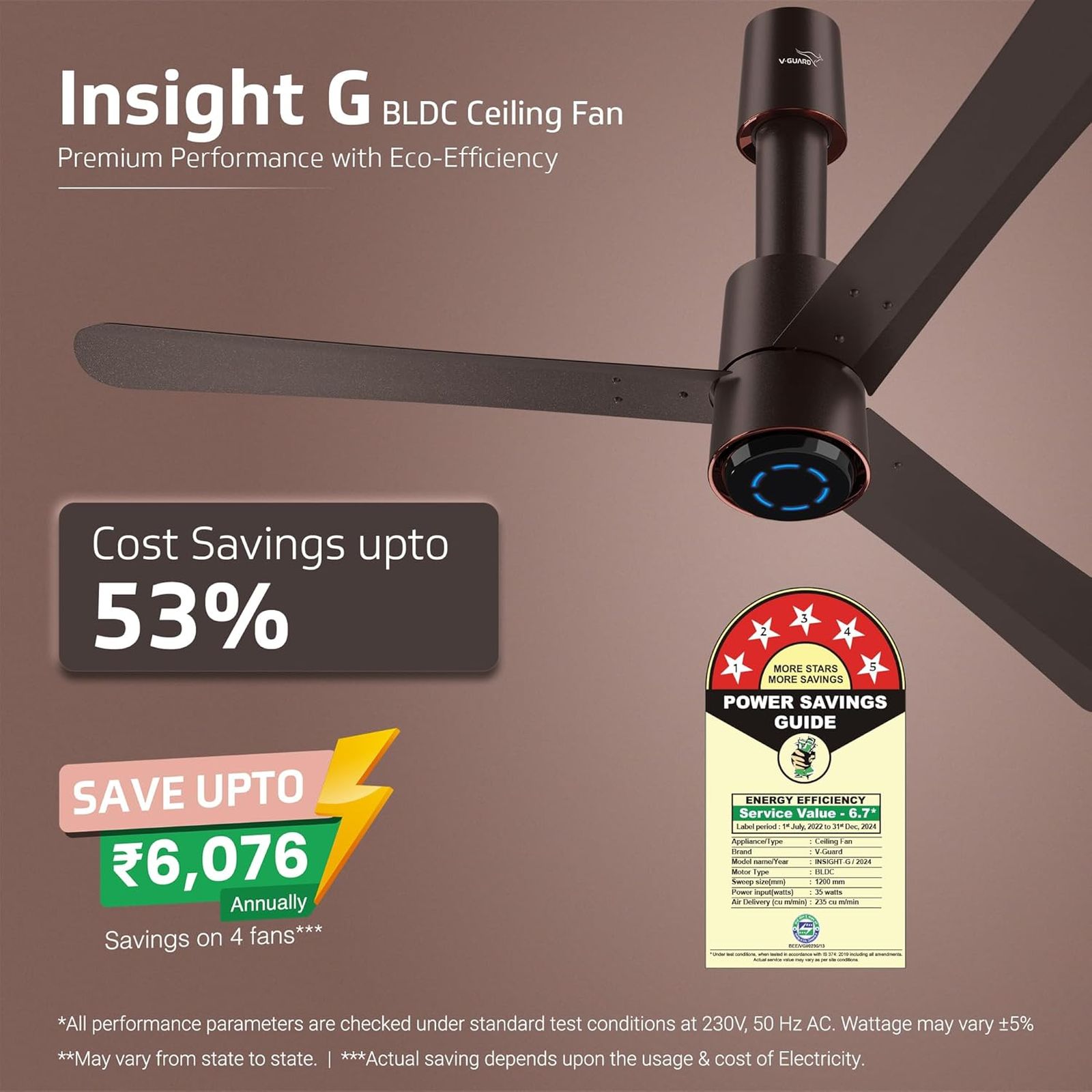 V-GUARD Insight-G 5 Star 1200mm 3 Blade BLDC Motor Ceiling Fan with Remote (UI LED Lights, Choco Brown Glow)_8