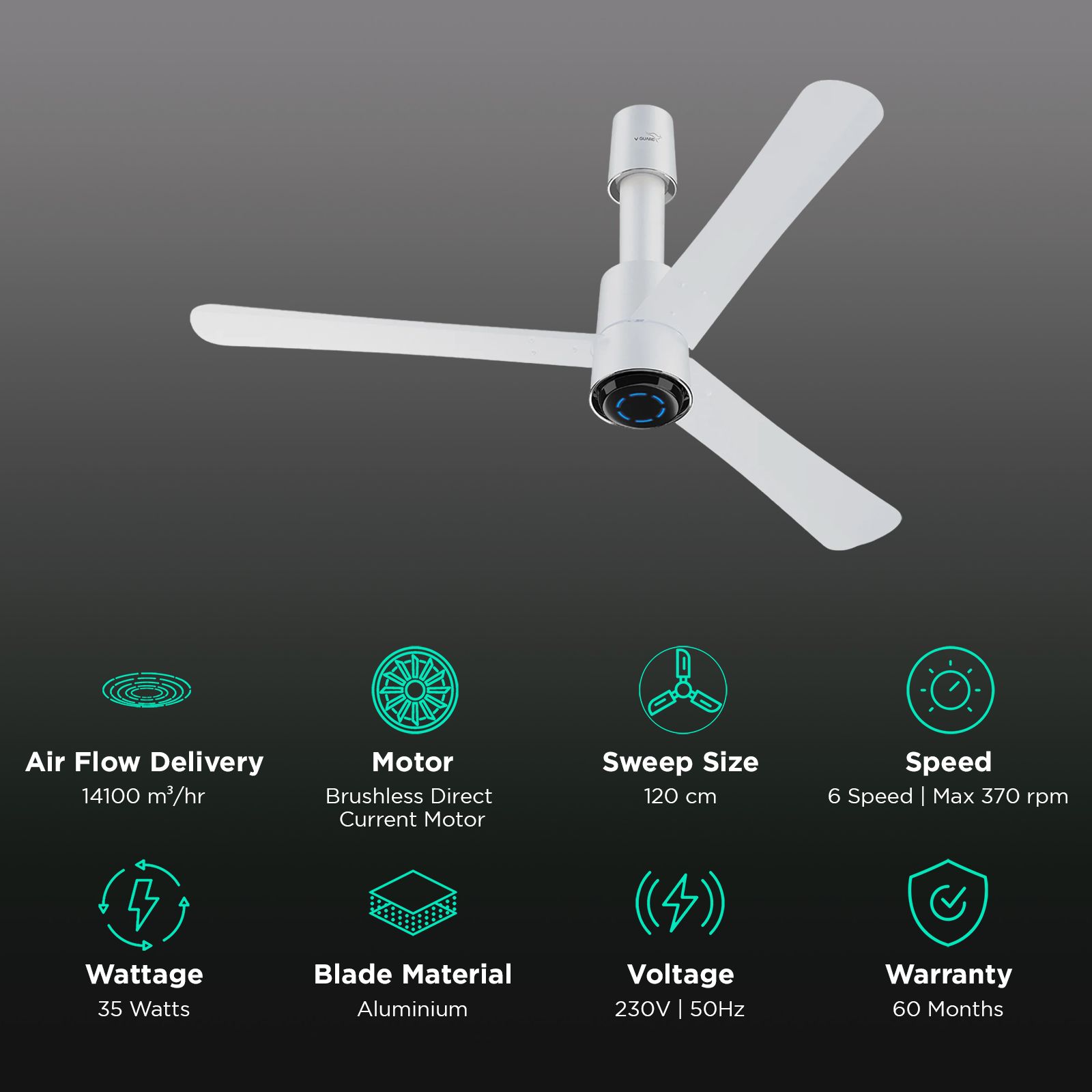 V-GUARD Insight-G 5 Star 1200mm 3 Blade BLDC Motor Ceiling Fan with Remote (UI LED Lights, Blossom White Matte) V-GUARD Insight-G 5 Star 1200mm 3 Blade BLDC Motor Ceiling Fan with Remote (UI LED Lights, Blossom White Matte)_3