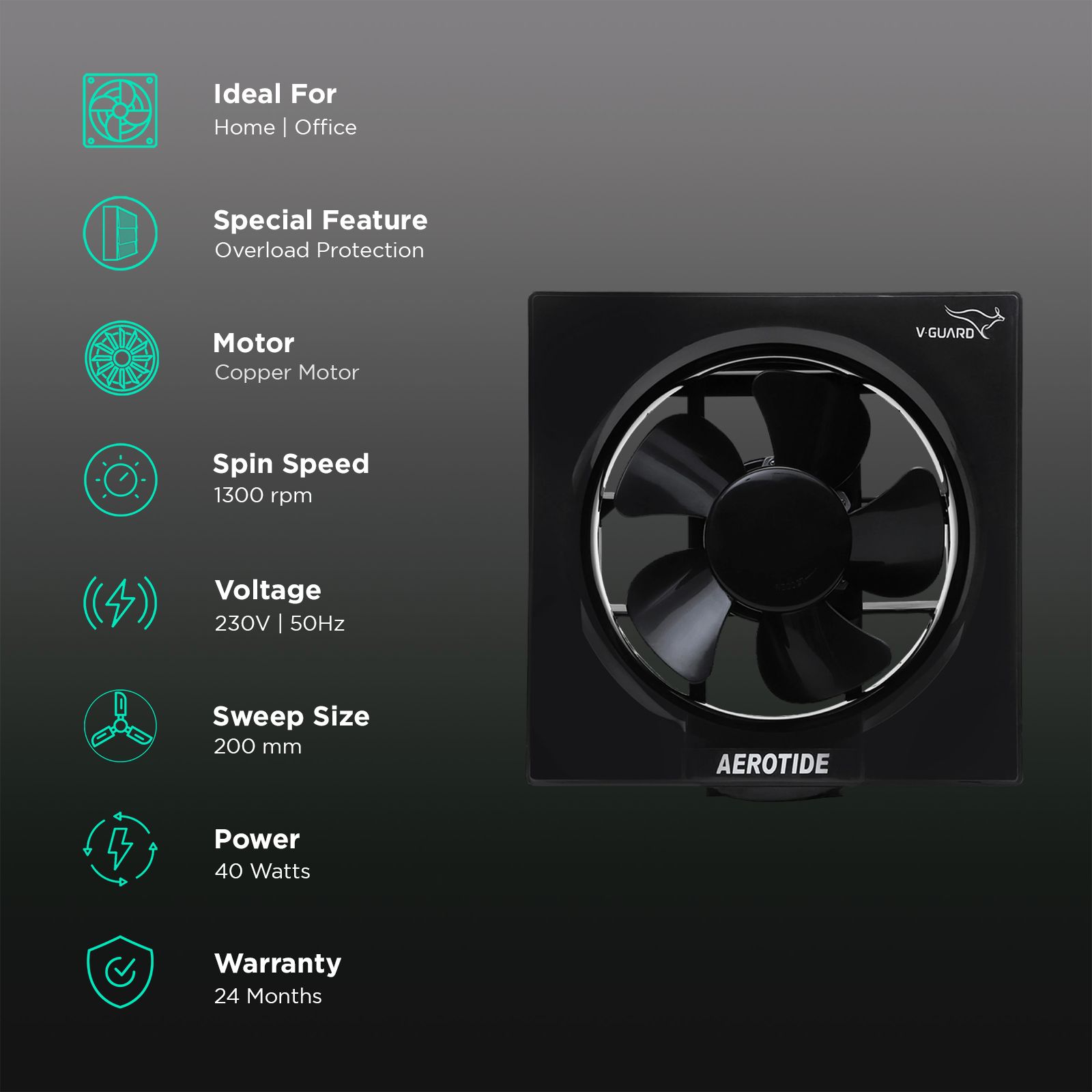 V-GUARD Aerotide 8 Inch 200mm Exhaust Fan (Powerful Copper Motor, Black) V-GUARD Aerotide 8 Inch 200mm Exhaust Fan (Powerful Copper Motor, Black)_3