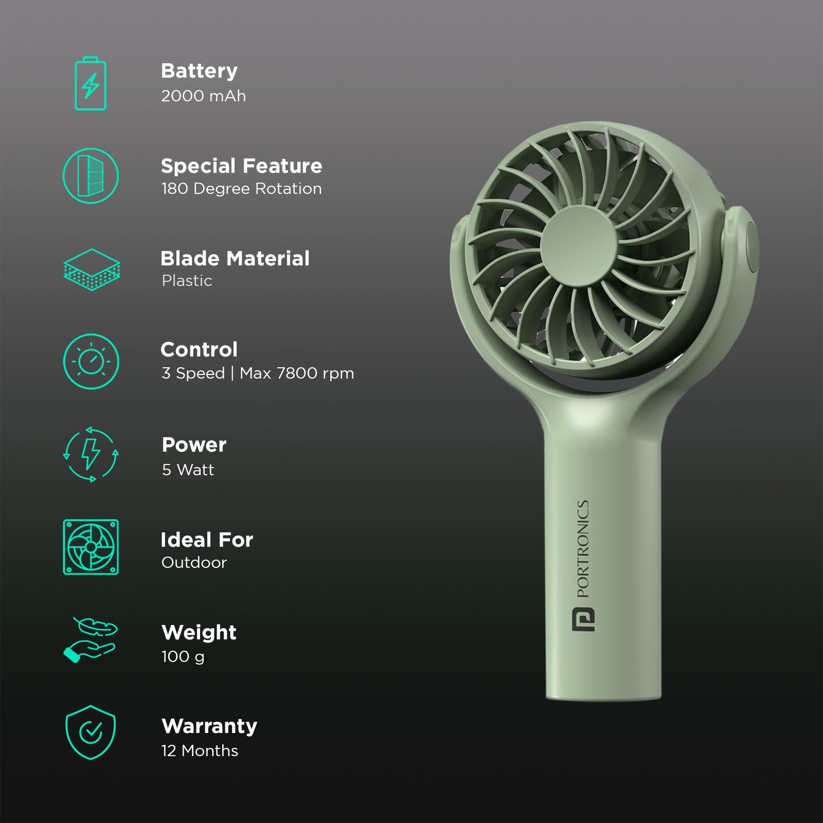 PORTRONICS Toofan Mini 7 Blade Rechargeable Personal Fan with 2000 mAh Battery (180 Degree Rotation, Green)_3