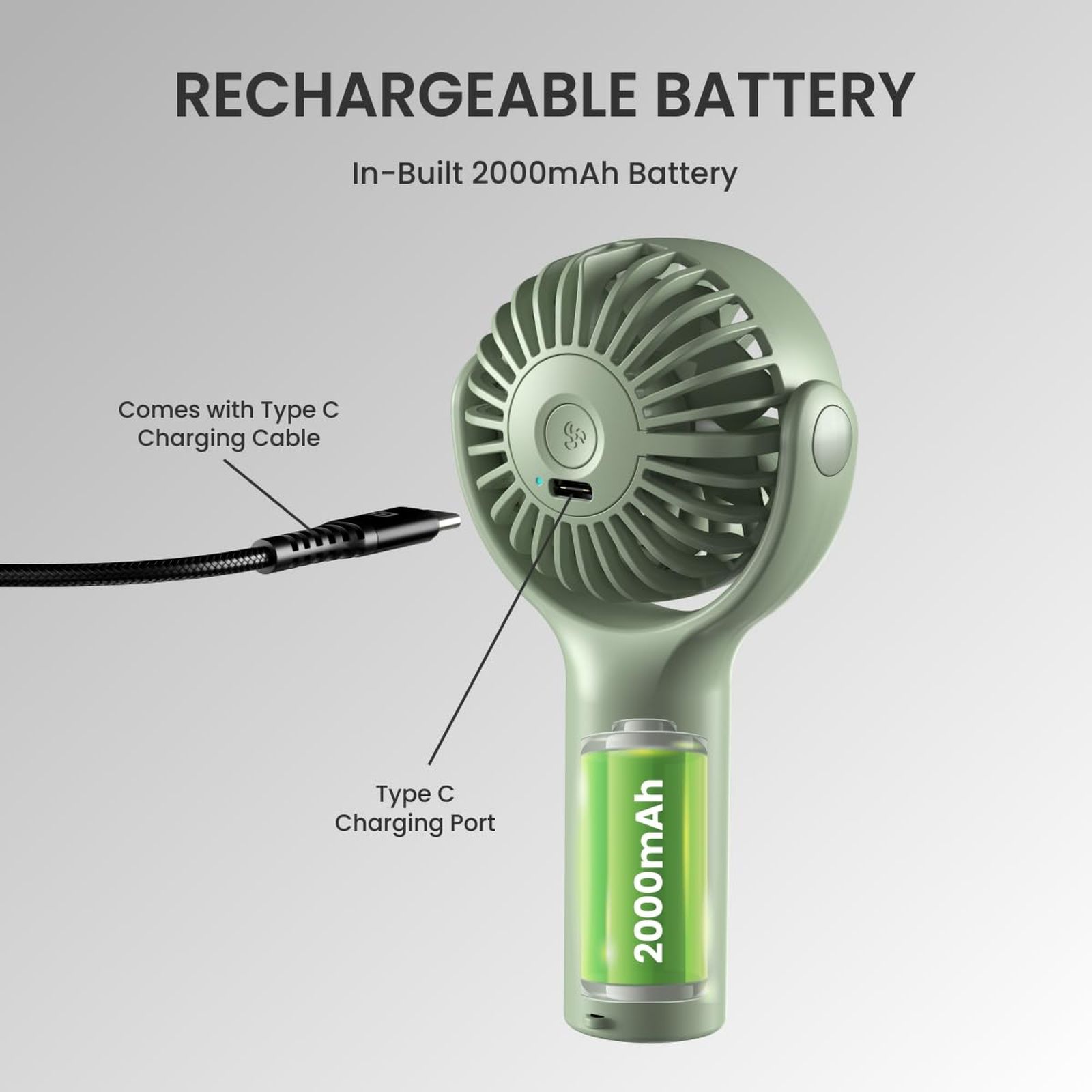 PORTRONICS Toofan Mini 7 Blade Rechargeable Personal Fan with 2000 mAh Battery (180 Degree Rotation, Green)_4