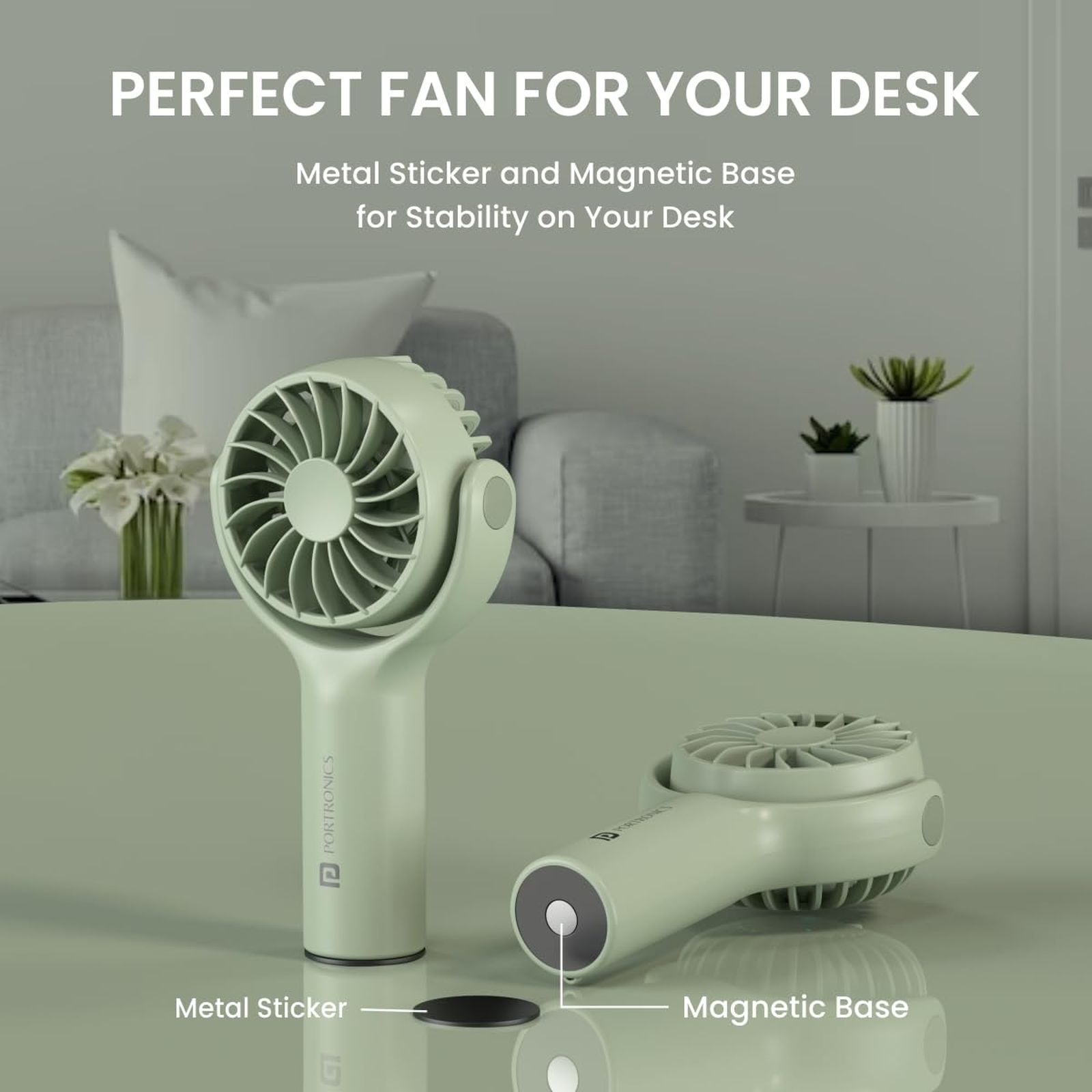 PORTRONICS Toofan Mini 7 Blade Rechargeable Personal Fan with 2000 mAh Battery (180 Degree Rotation, Green)_6