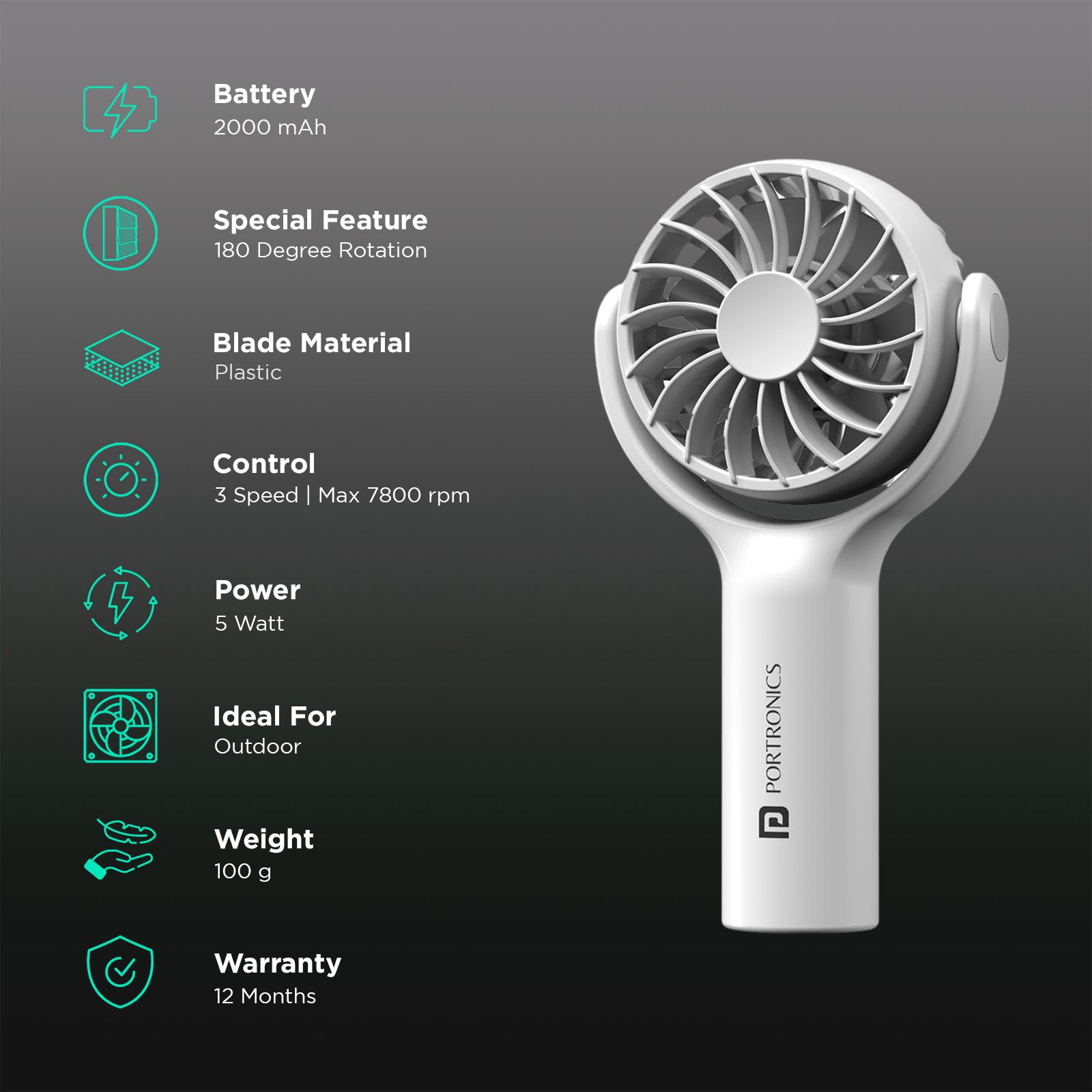 PORTRONICS Toofan Mini 7 Blade Rechargeable Personal Fan with 2000 mAh Battery (180 Degree Rotation, White) PORTRONICS Toofan Mini 7 Blade Rechargeable Personal Fan with 2000 mAh Battery (180 Degree Rotation, White)_3