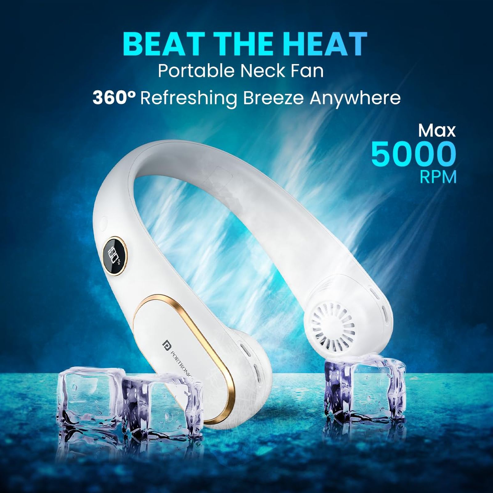 PORTRONICS Go Breeze Rechargeable Neck Fan with 2400 mAh Battery (Intelligent Digital Display, White) PORTRONICS Go Breeze Rechargeable Neck Fan with 2400 mAh Battery (Intelligent Digital Display, White)_5