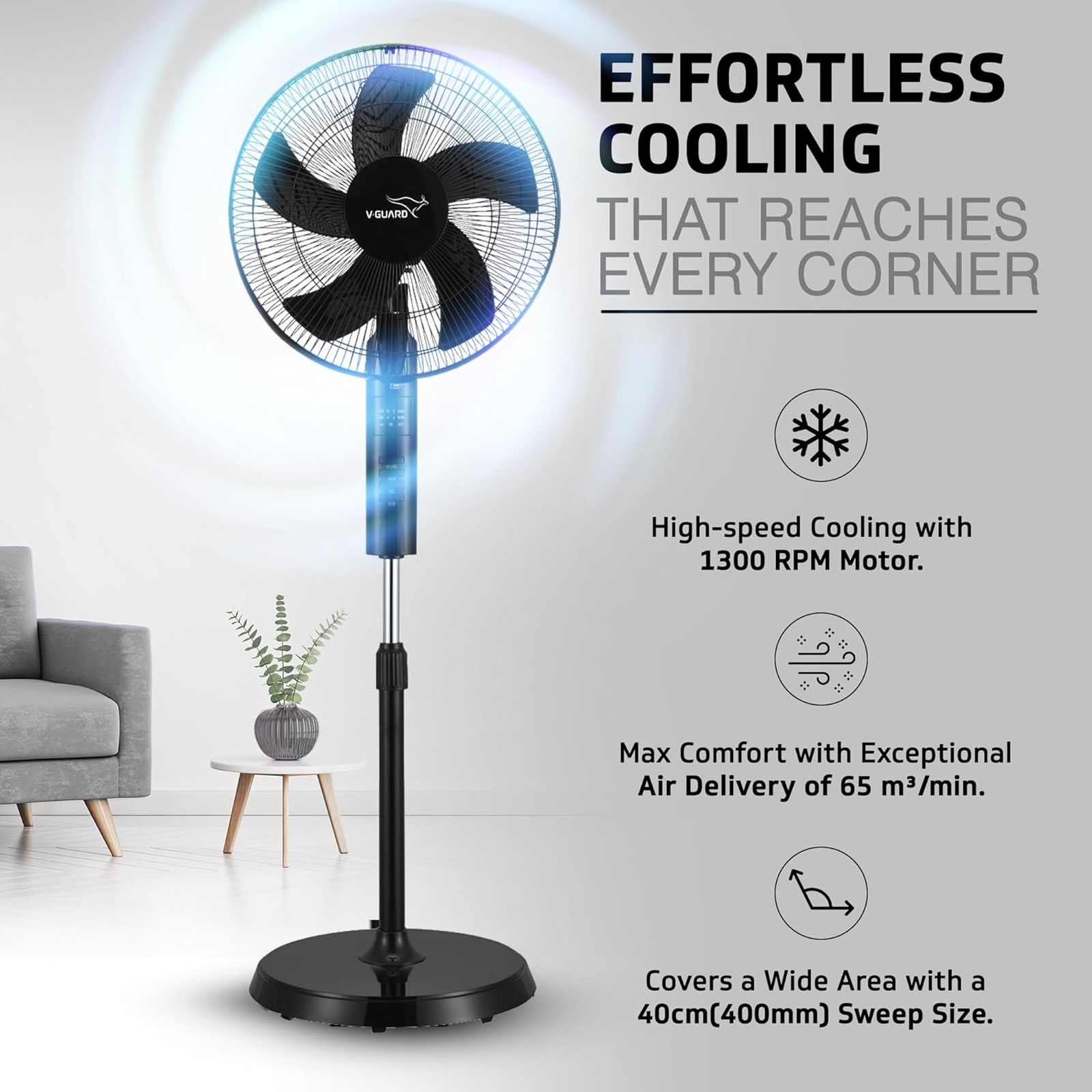 V-GUARD Esfera 400mm 5 Blade Pedestal Fan with Remote (In-built Safety Shutter, Black)_6
