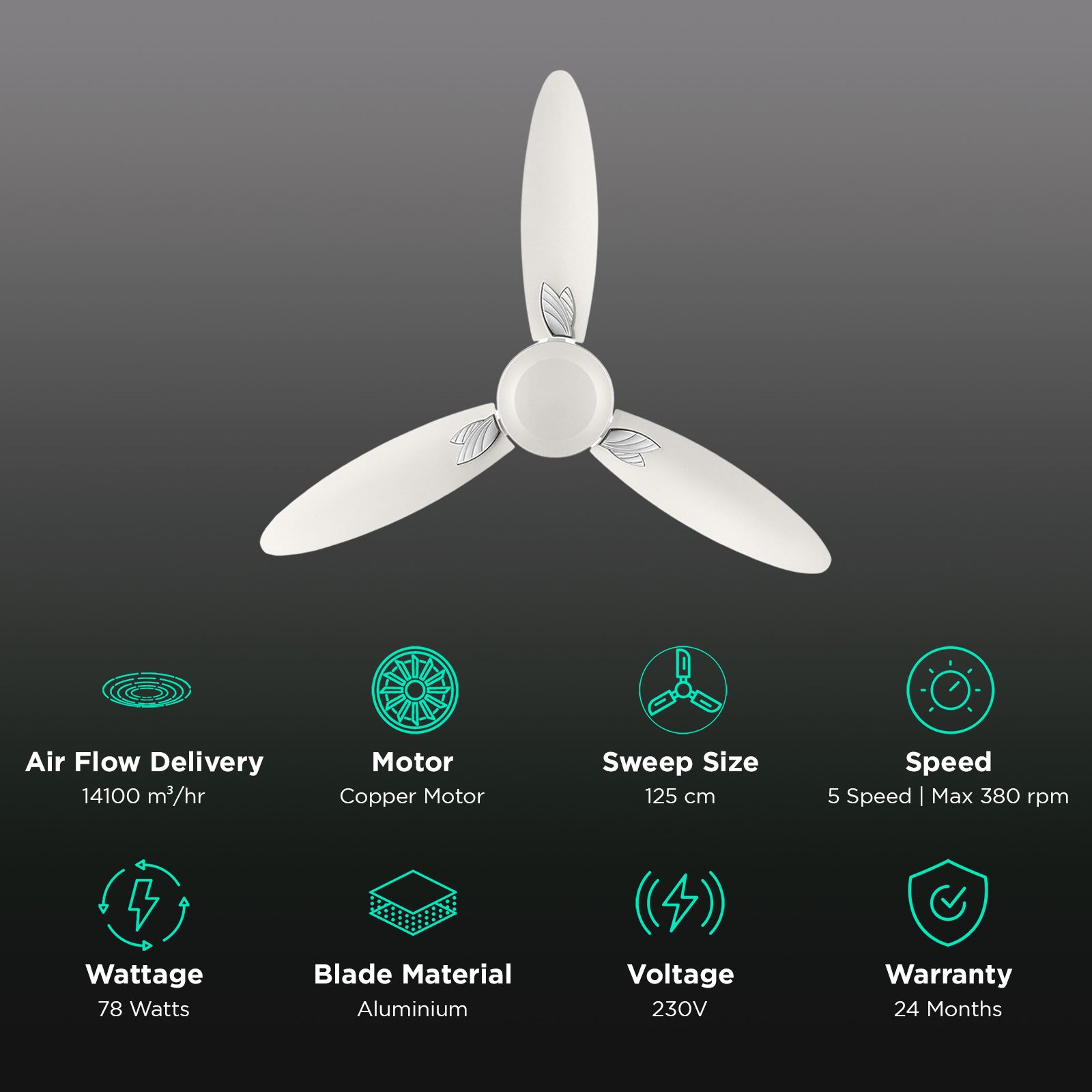 USHA Bloom Magnolia 1250mm 3 Blade Copper Motor Ceiling Fan (Dust Resistant, Sparkle White)_3