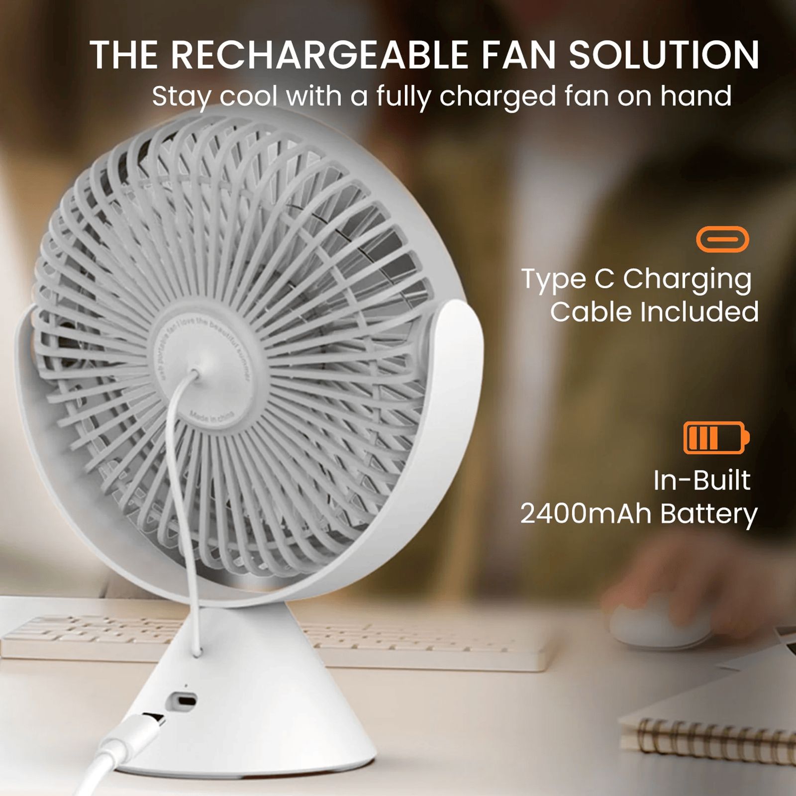 PORTRONICS Aero Breeze 178mm 3 Blade Rechargeable Portable Desktop Fan with 2400 mAh Battery (BLDC Motor, Grey)_7