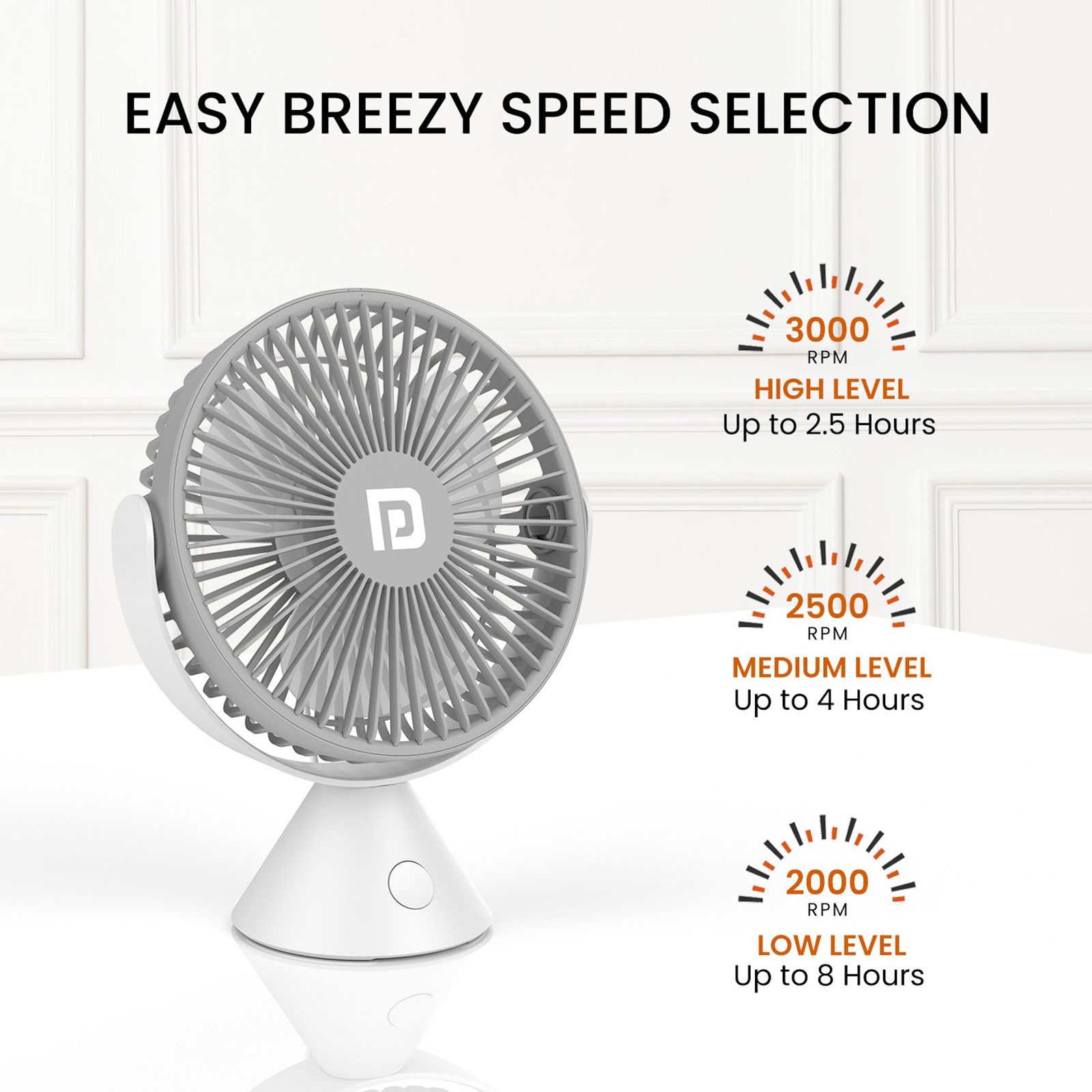 PORTRONICS Aero Breeze 178mm 3 Blade Rechargeable Portable Desktop Fan with 2400 mAh Battery (BLDC Motor, Grey)_9