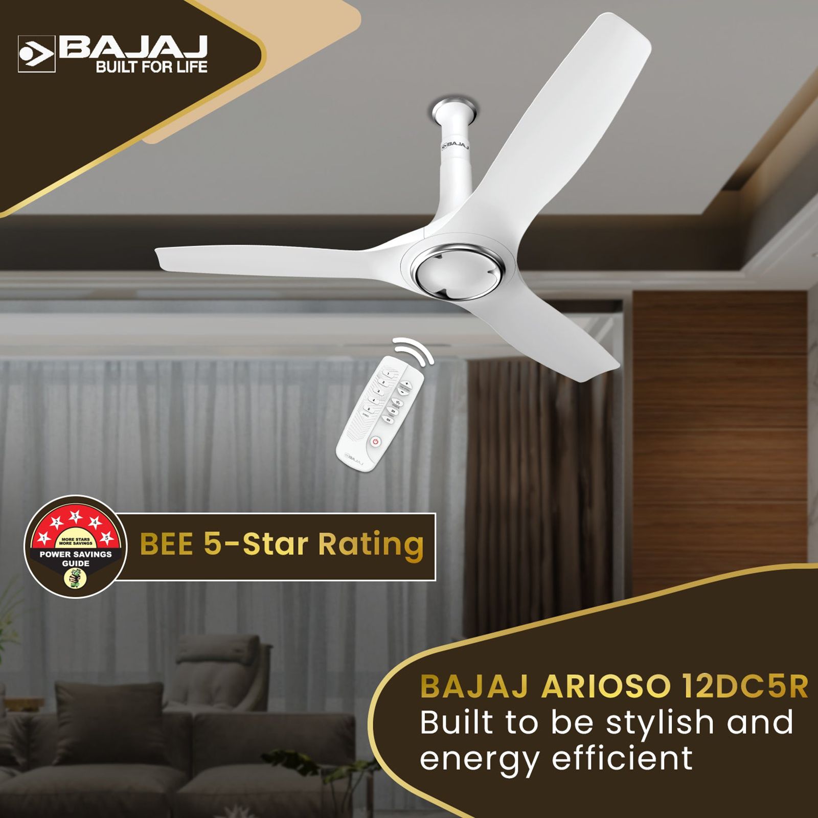 BAJAJ Arioso 12DC5R 5 Star 1200mm 3 Blade BLDC Motor Ceiling Fan with Remote (Low Power Consumption, White Chrome)_9
