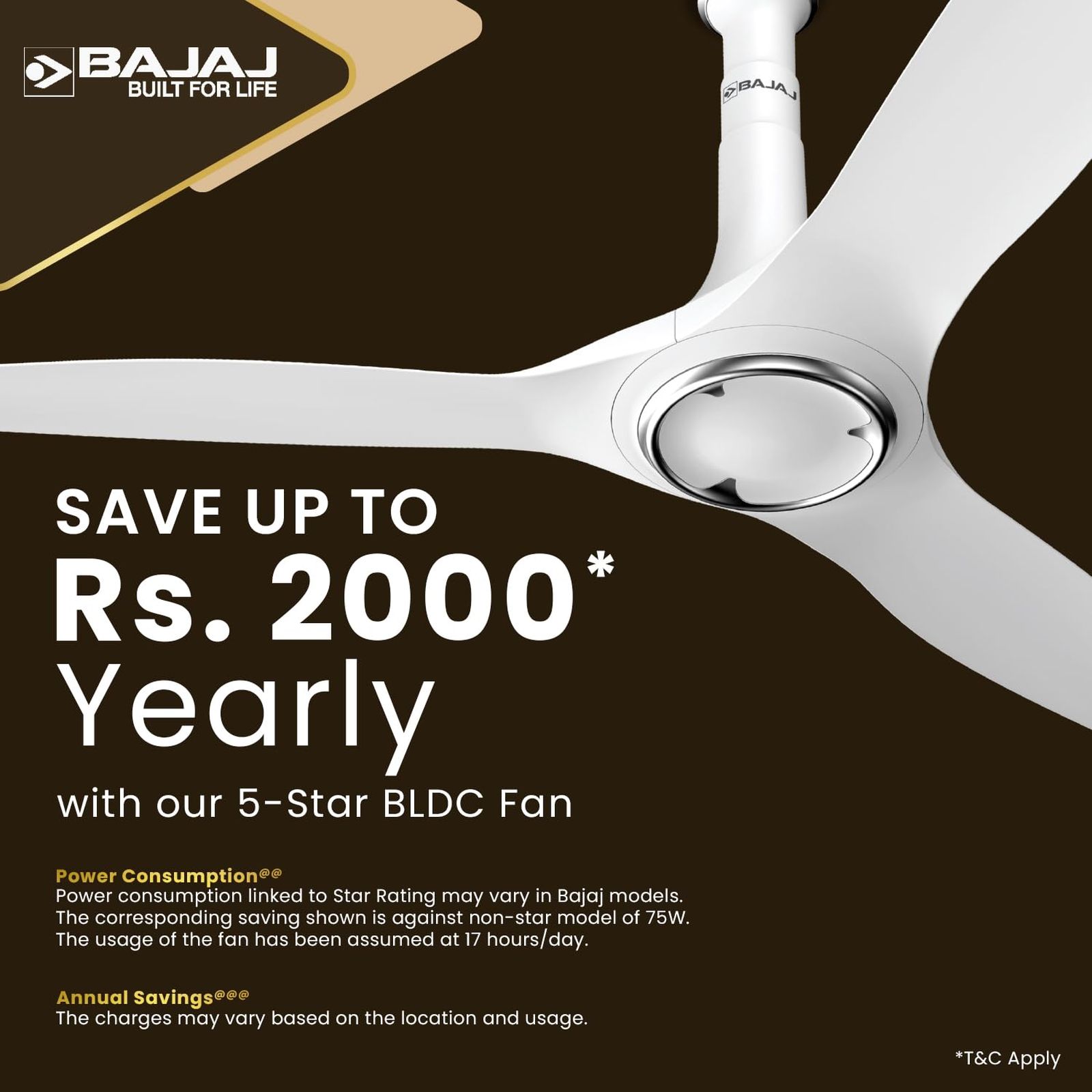 BAJAJ Arioso 12DC5R 5 Star 1200mm 3 Blade BLDC Motor Ceiling Fan with Remote (Low Power Consumption, White Chrome)_6