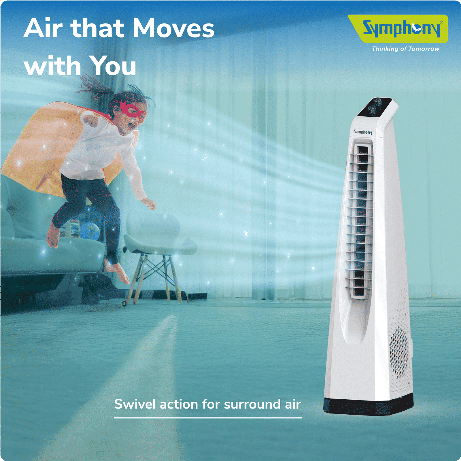 Symphony Surround JUNIOR Bladeless 20 ft Air Throw 650 m3/hr Air Delivery Tower Fan (Bladeless Turbo Throw Technology, White)_9
