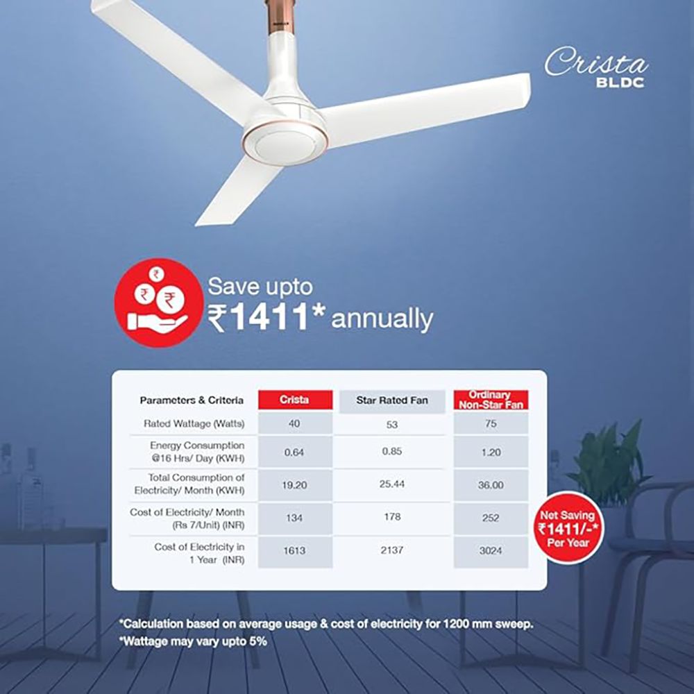 HAVELLS Crista 5 Star 1200mm 3 Blade BLDC Motor Ceiling Fan with Remote (Aerodynamic Winglet Blades, Slate Chrome)_9