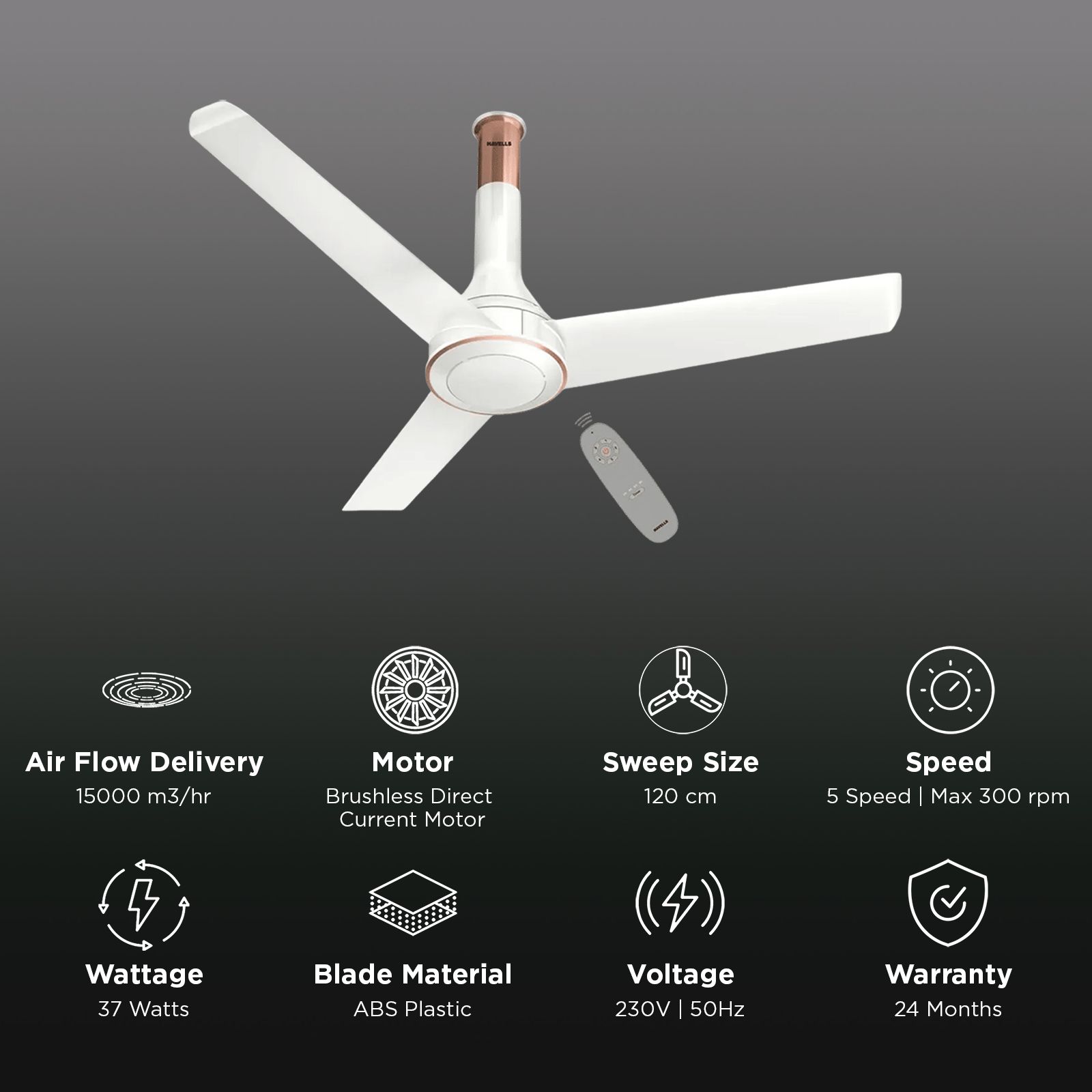 HAVELLS Crista BLDC 5 Star 1200mm 3 Blade Permanent Magnet Motor Ceiling Fan with Remote (Aerodynamic Winglet Blades, White) HAVELLS Crista BLDC 5 Star 1200mm 3 Blade Permanent Magnet Motor Ceiling Fan with Remote (Aerodynamic Winglet Blades, White)_2