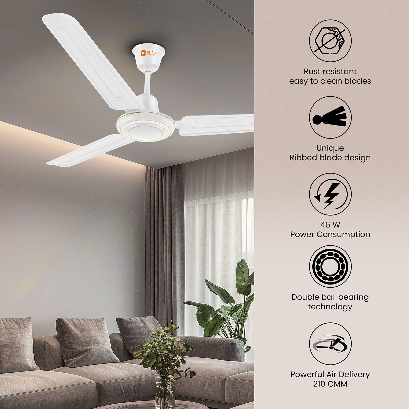 Orient APEX FX 1 Star 1200mm 3 Blade Double Ball Bearing Technology Ceiling Fan (Rust Resistant, White)_3