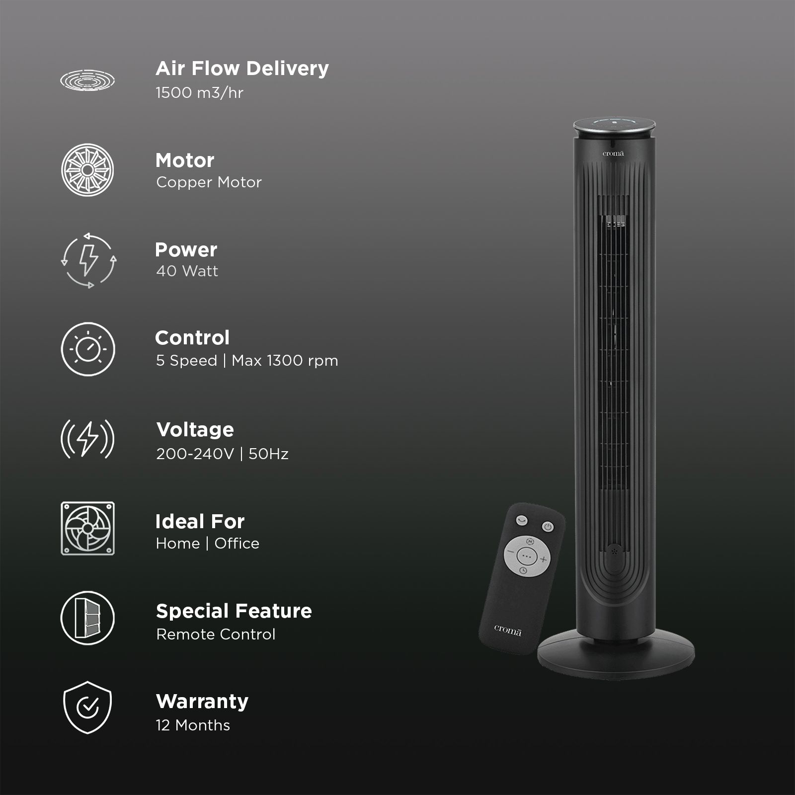 Croma Bladeless 1500 m3/hr Air Delivery Tower Fan with Remote Control (5 Speed Settings, Black)_3