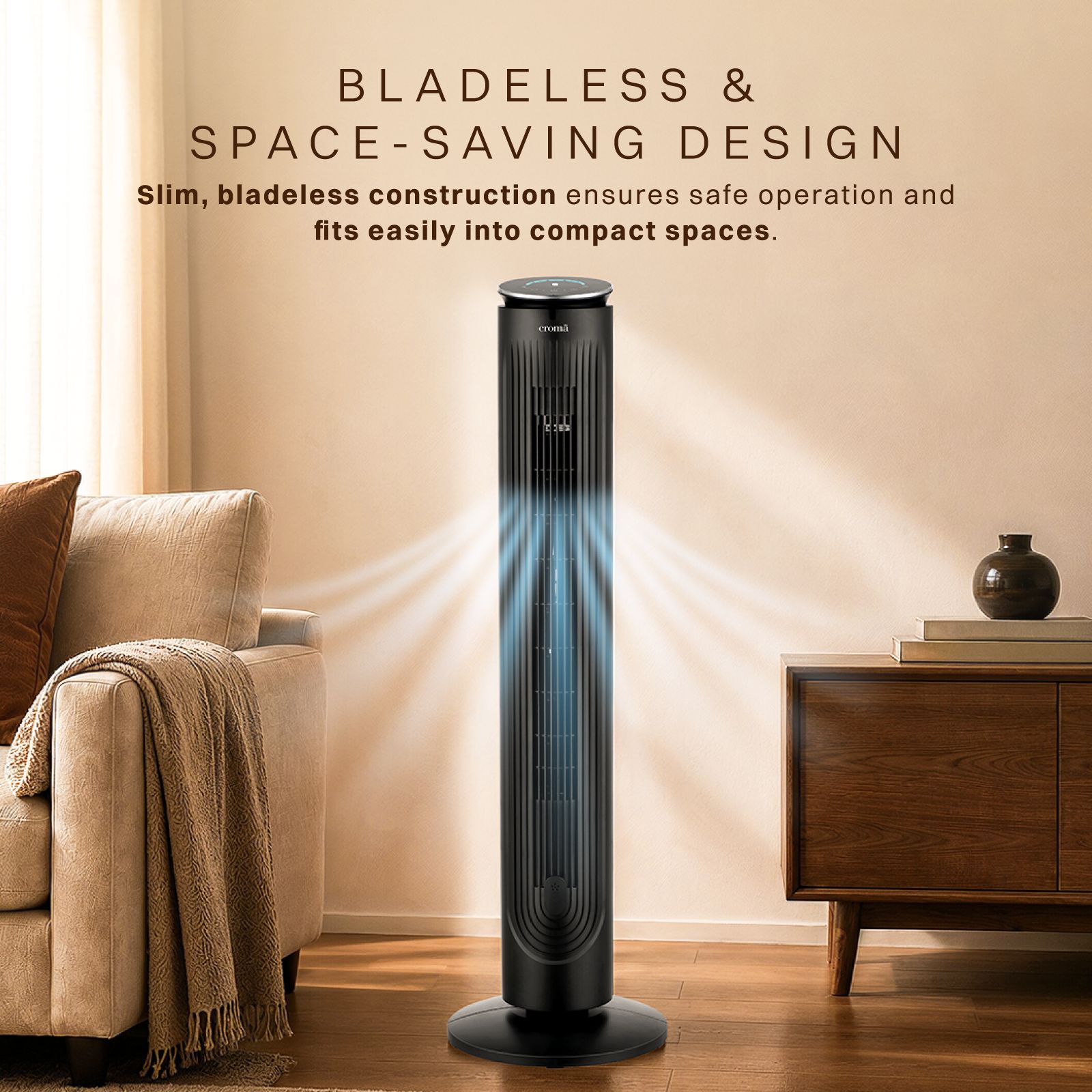 Croma Bladeless 1500 m3/hr Air Delivery Tower Fan with Remote Control (5 Speed Settings, Black)_5