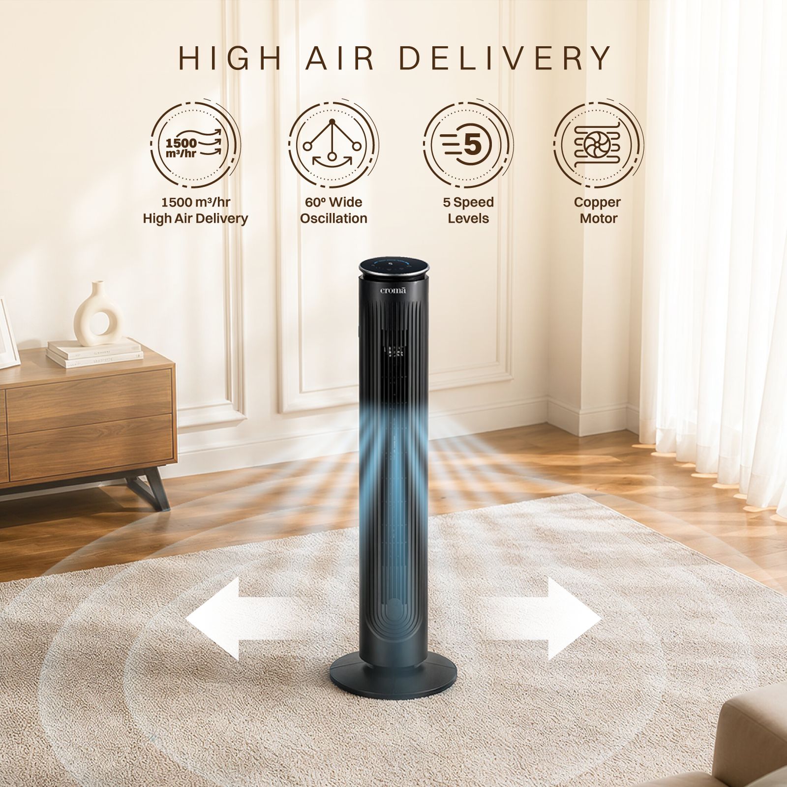 Croma Bladeless 1500 m3/hr Air Delivery Tower Fan with Remote Control (5 Speed Settings, Black)_6