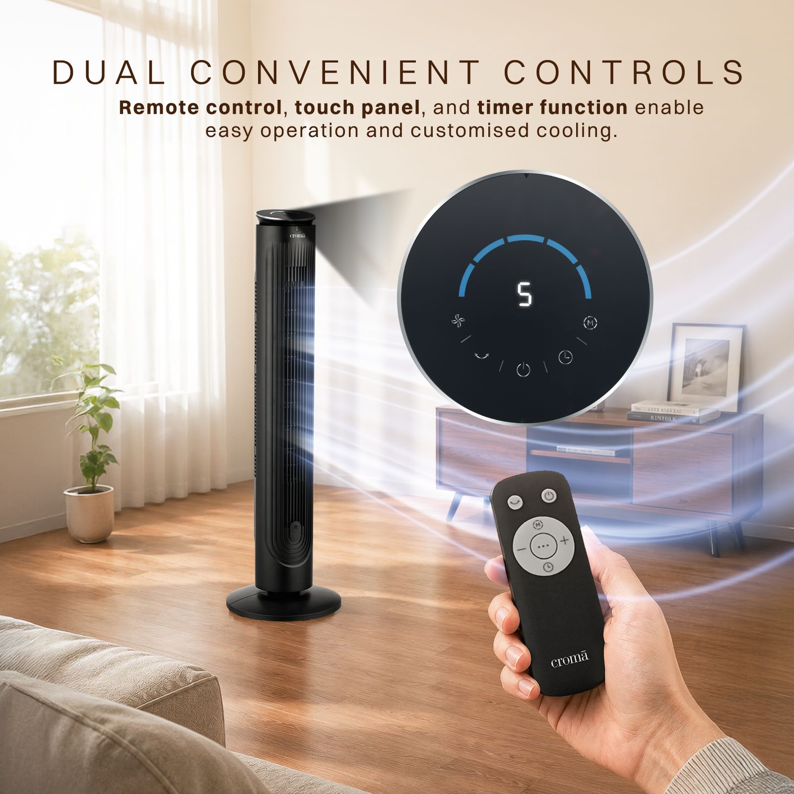 Croma Bladeless 1500 m3/hr Air Delivery Tower Fan with Remote Control (5 Speed Settings, Black)_7