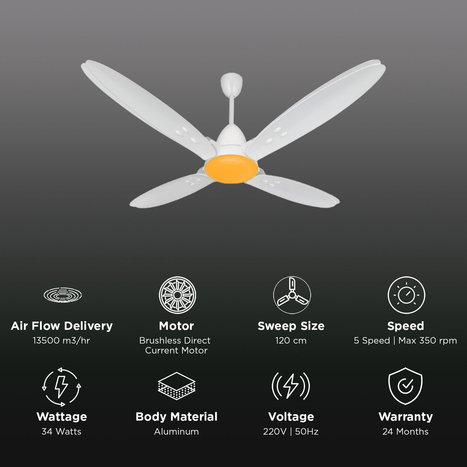 Usha Bloom Lily Nova 5 Star 1200mm 4 Blade BLDC Motor Ceiling Fan with Remote (Whisper Quiet Operations for Noiseless Experience, White & Yellow)_3
