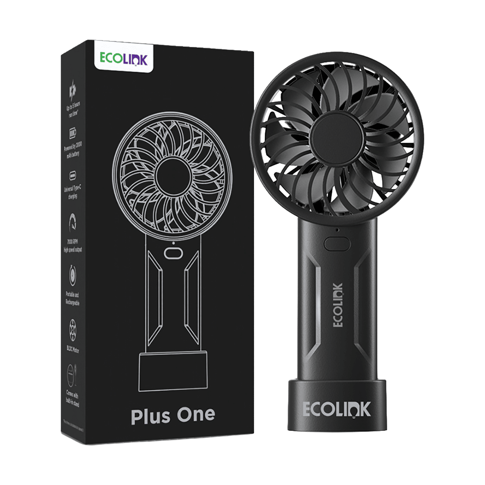 Ecolink Plus One 50mm 7 Blade Rechargeable Handheld Fan with 2000 mAh Battery (Portable, Black) Ecolink Plus One 50mm 7 Blade Rechargeable Handheld Fan with 2000 mAh Battery (Portable, Black)_1