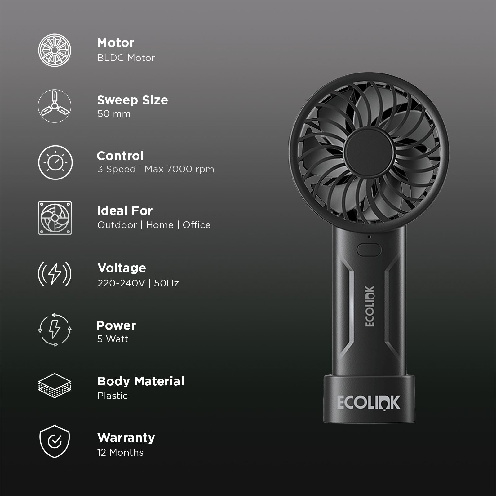 Ecolink Plus One 50mm 7 Blade Rechargeable Handheld Fan with 2000 mAh Battery (Portable, Black) Ecolink Plus One 50mm 7 Blade Rechargeable Handheld Fan with 2000 mAh Battery (Portable, Black)_3