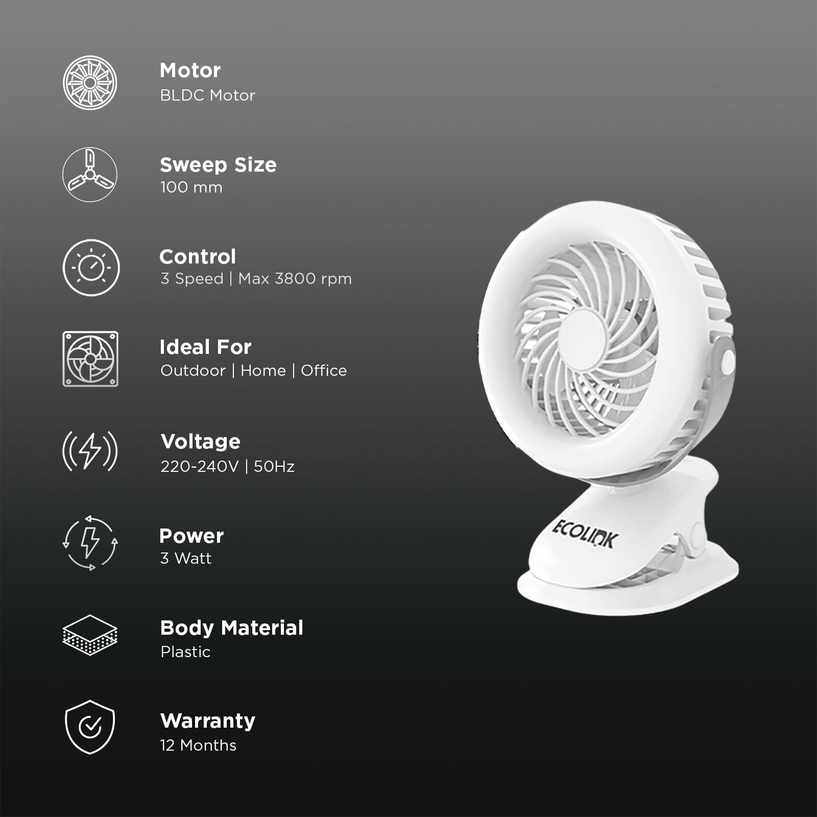 Ecolink Clip Me 100mm 3 Blade Rechargeable Personal Fan with 2000 mAh Battery (Efficient Airflow, White)_2