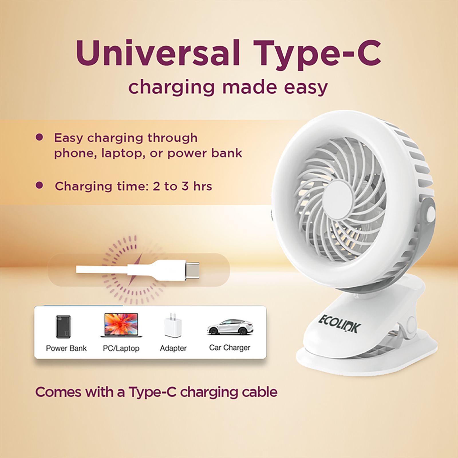Ecolink Clip Me 100mm 3 Blade Rechargeable Personal Fan with 2000 mAh Battery (Efficient Airflow, White)_4