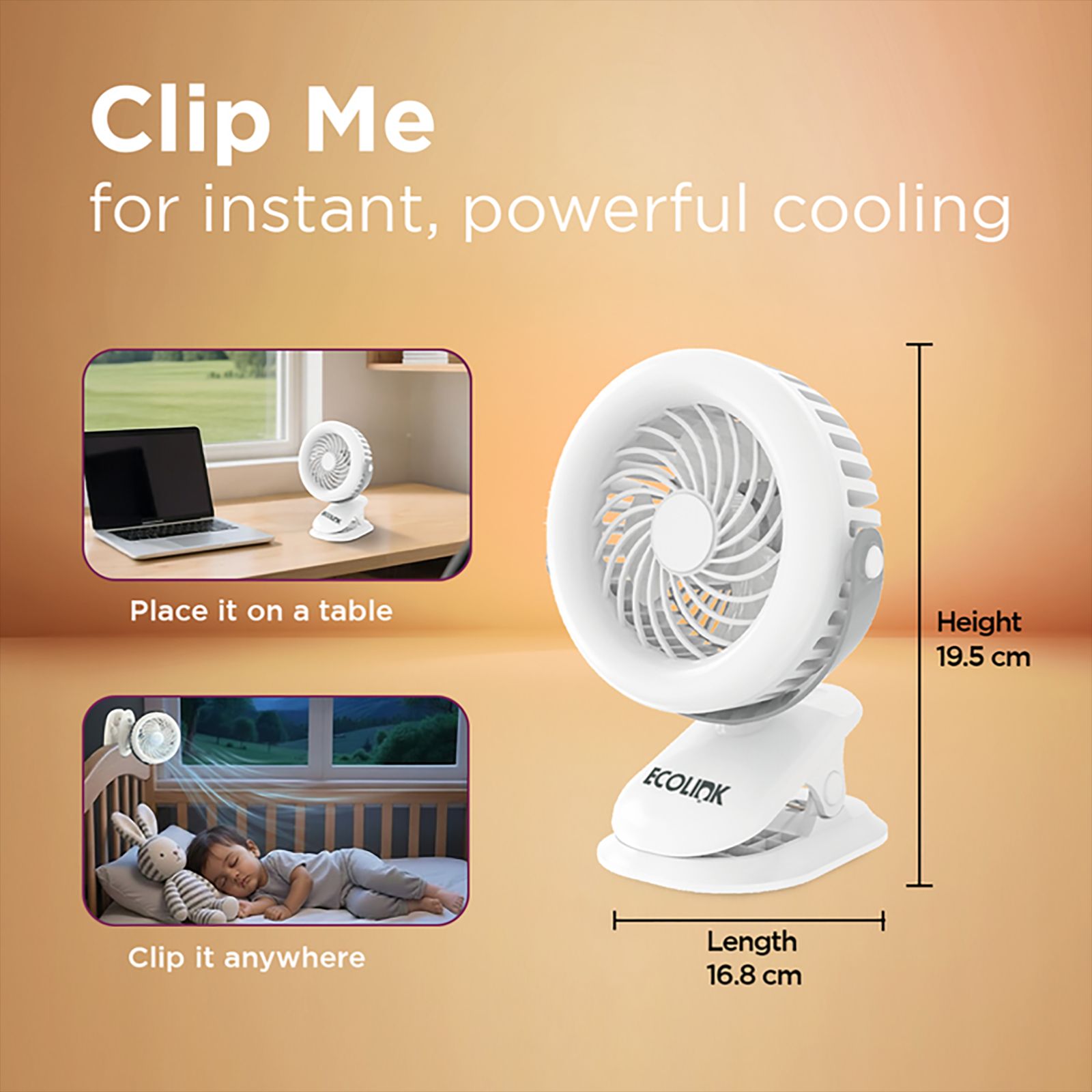 Ecolink Clip Me 100mm 3 Blade Rechargeable Personal Fan with 2000 mAh Battery (Efficient Airflow, White)_8
