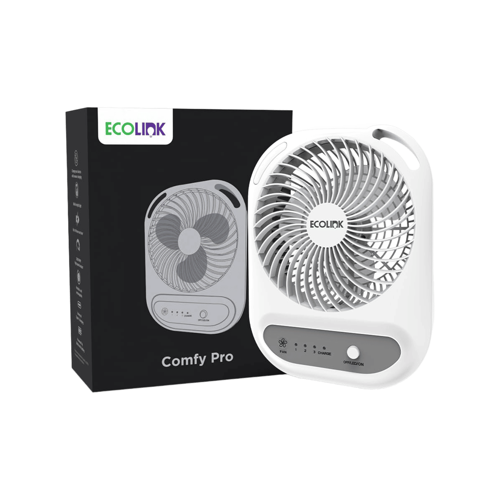 Ecolink Comfy Pro 150mm 3 Blade Rechargeable Personal Mini Fan with 3000 mAh Battery (Powerful Airflow, White & Grey)_1
