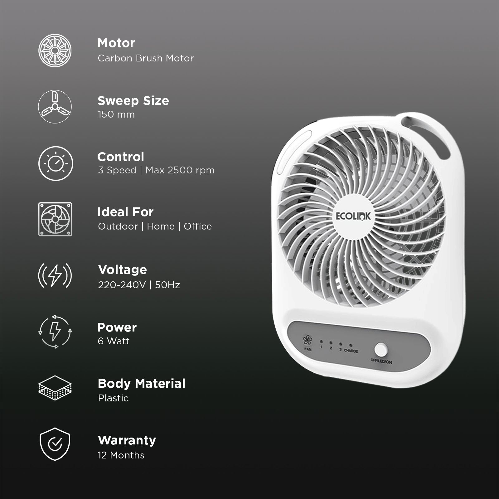 Ecolink Comfy Pro 150mm 3 Blade Rechargeable Personal Mini Fan with 3000 mAh Battery (Powerful Airflow, White & Grey)_3