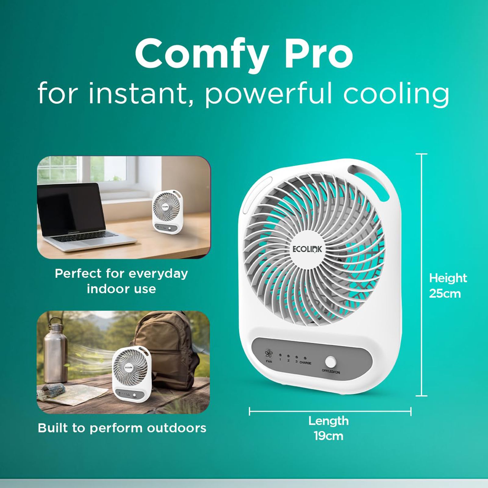 Ecolink Comfy Pro 150mm 3 Blade Rechargeable Personal Mini Fan with 3000 mAh Battery (Powerful Airflow, White & Grey)_8