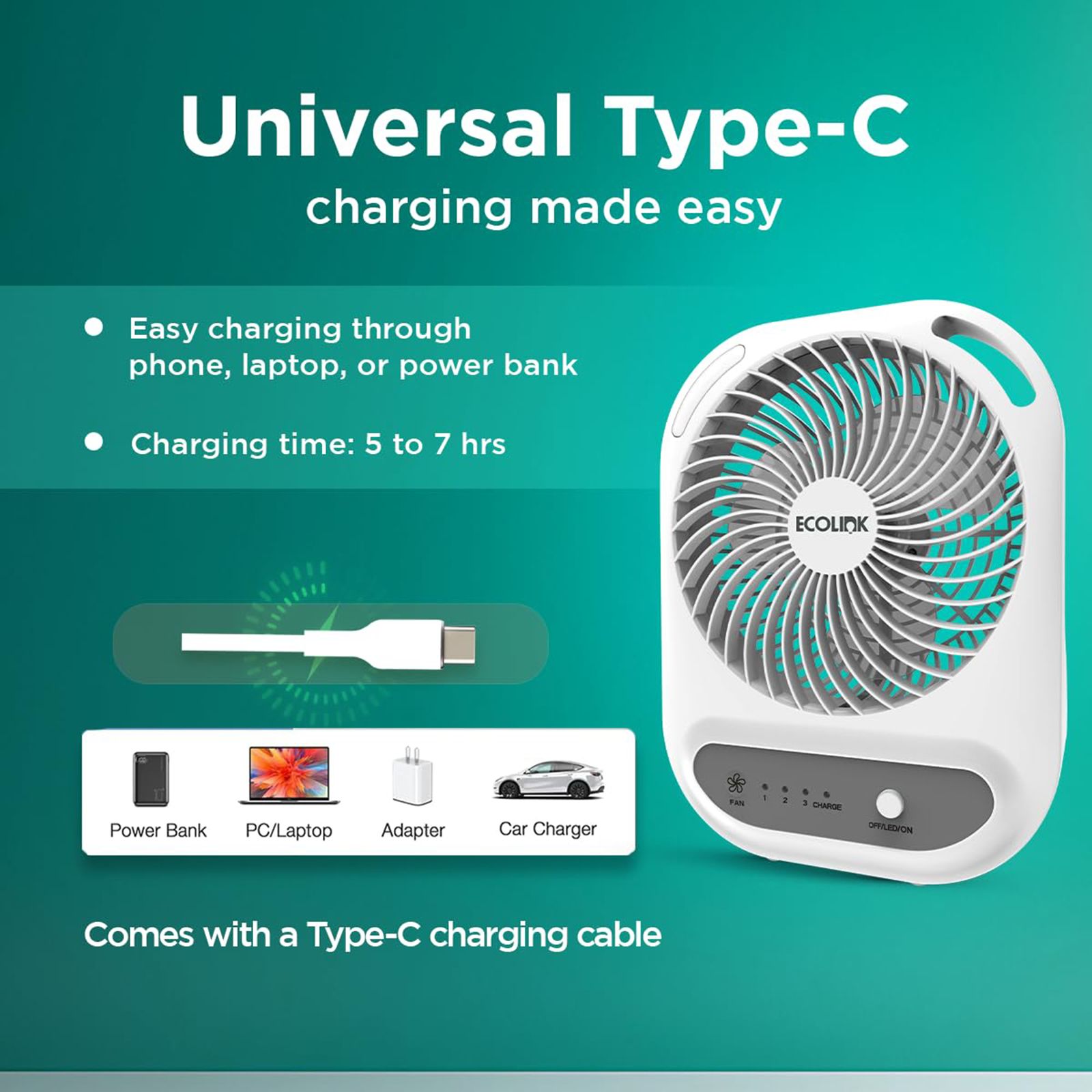 Ecolink Comfy Pro 150mm 3 Blade Rechargeable Personal Mini Fan with 3000 mAh Battery (Powerful Airflow, White & Grey)_9