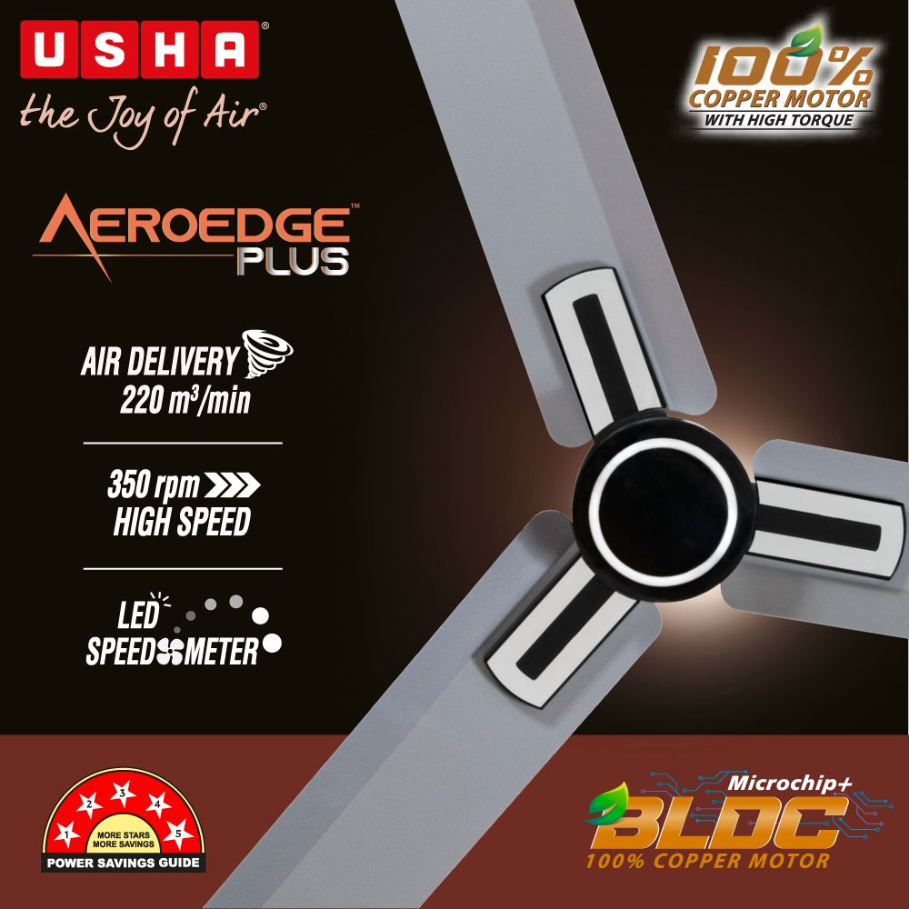 USHA AeroEdge Plus 5 Star 1200mm 3 Blade BLDC Motor Ceiling Fan with Remote (Whisper Quiet Technology, Metallic Grey) USHA AeroEdge Plus 5 Star 1200mm 3 Blade BLDC Motor Ceiling Fan with Remote (Whisper Quiet Technology, Metallic Grey)_3