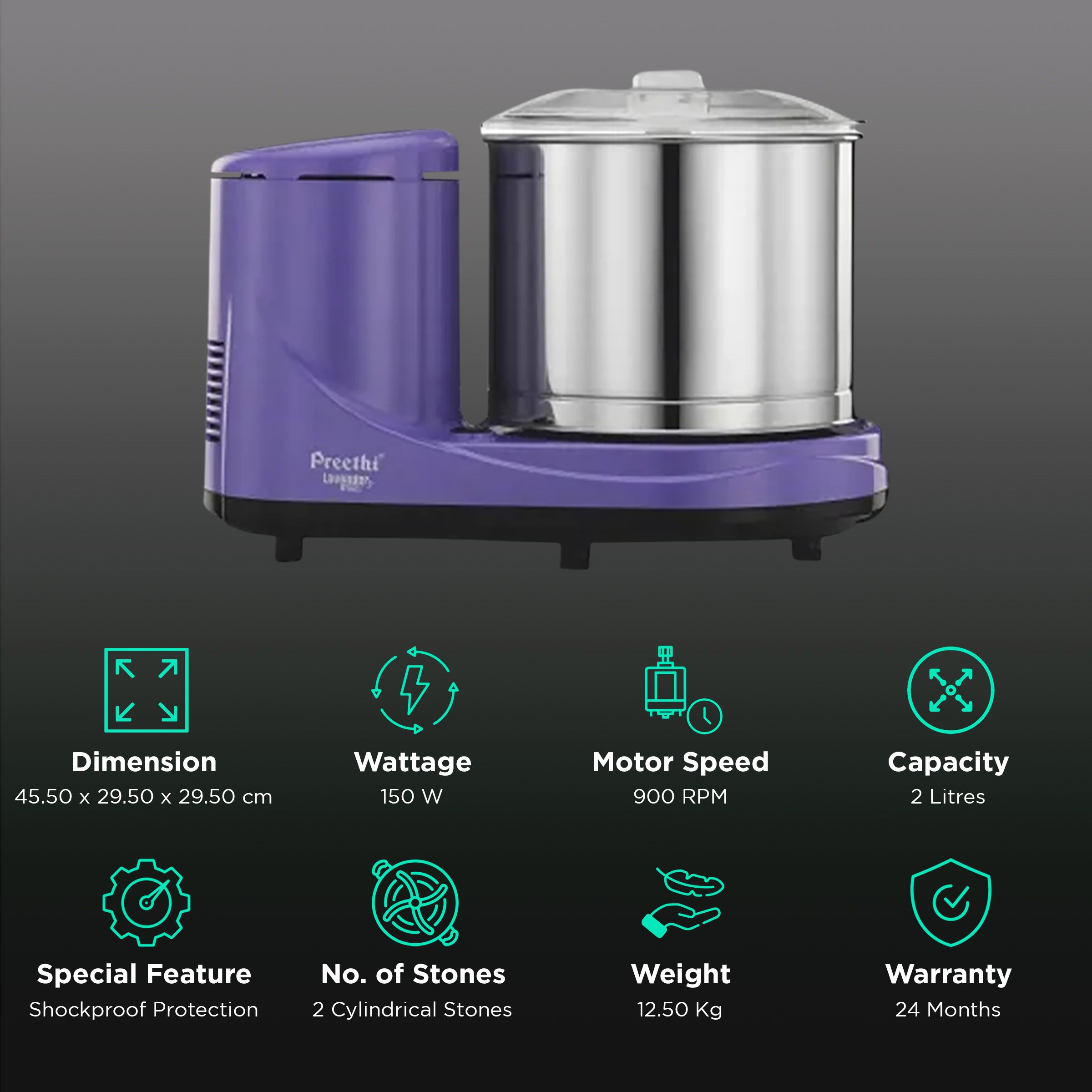 Preethi Lavender Grind 2 Litres 2 Stones Wet Grinder (Cool Touch Technology, Purple) Preethi Lavender Grind 2 Litres 2 Stones Wet Grinder (Cool Touch Technology, Purple)_2