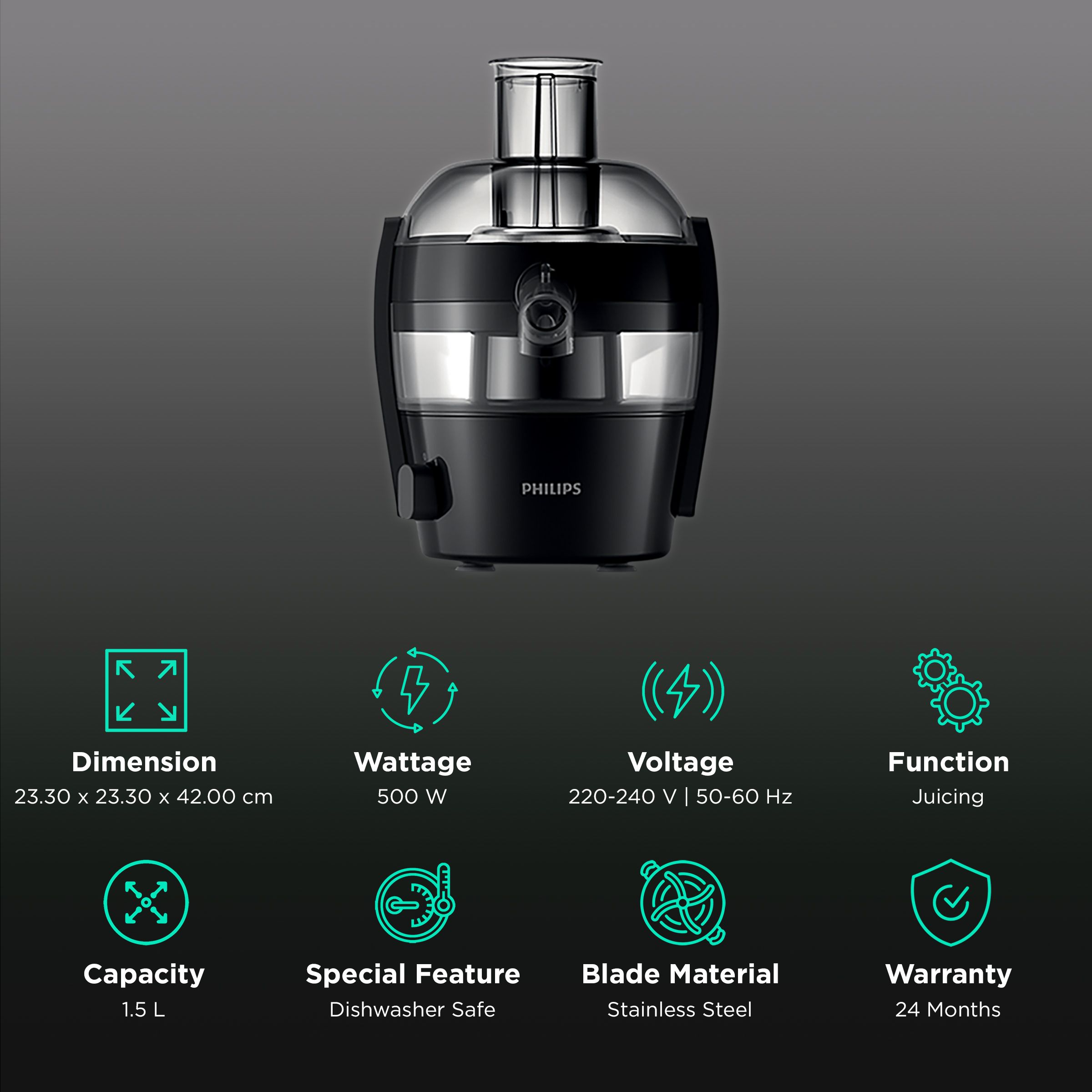PHILIPS Viva Collection 500 Watt 1 Jar Centrifugal Juicer (QuickClean Technology, Ink Black) PHILIPS Viva Collection 500 Watt 1 Jar Centrifugal Juicer (QuickClean Technology, Ink Black)_2