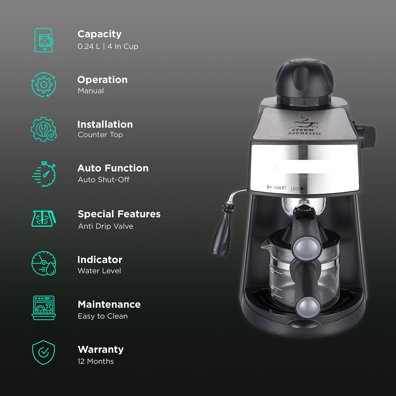 Russell Hobbs 800 Watt 4 Cups Fully Automatic Espresso Coffee Maker with Anti Drip Valve (Black) Russell Hobbs 800 Watt 4 Cups Fully Automatic Espresso Coffee Maker with Anti Drip Valve (Black)_3