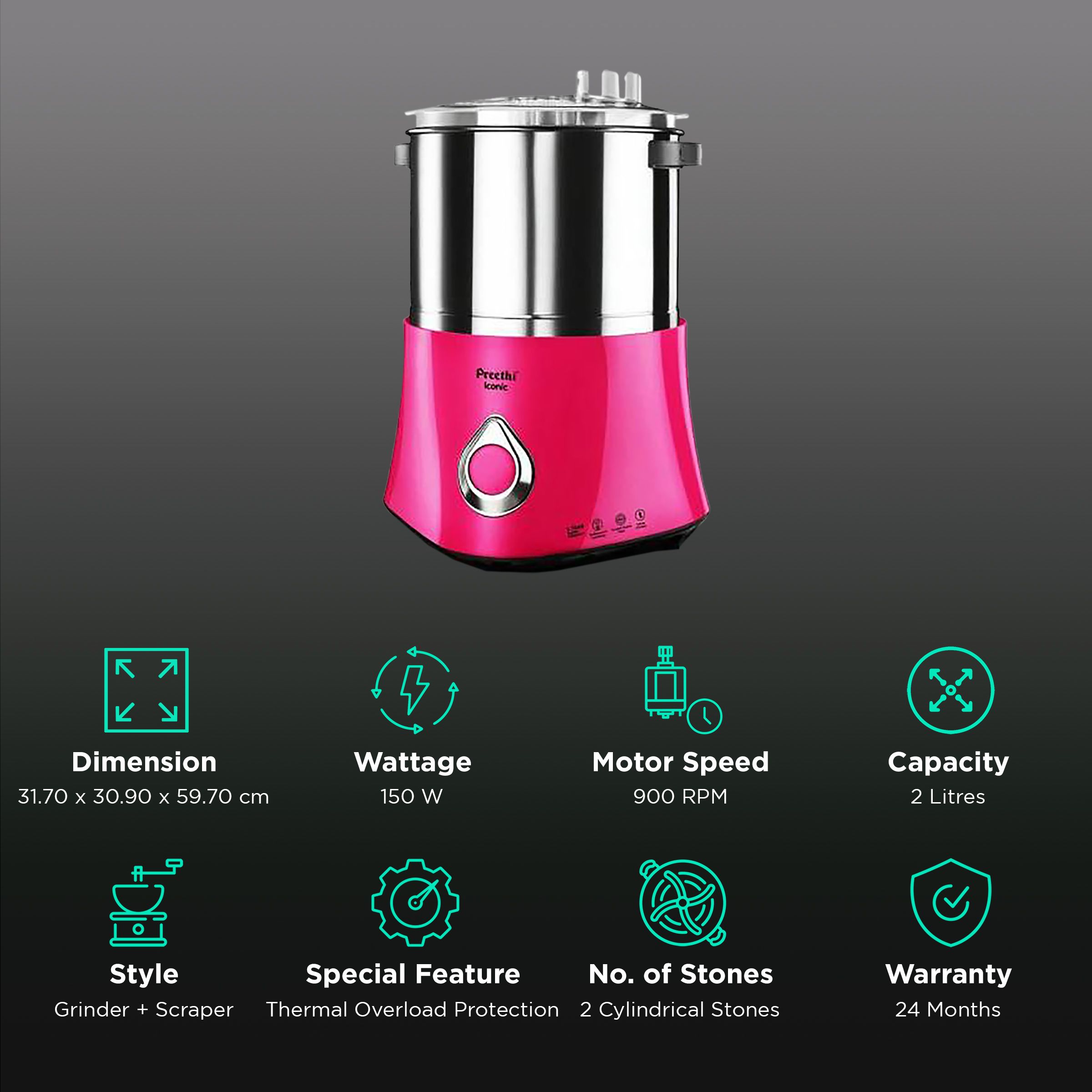 Preethi Iconic 2 Litres 2 Stones Wet Grinder with Atta Kneader (Bi-Directional Grinding Technology, Pink) Preethi Iconic 2 Litres 2 Stones Wet Grinder with Atta Kneader (Bi-Directional Grinding Technology, Pink)_2